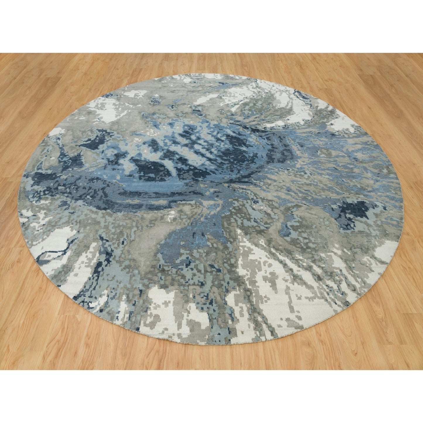 12'X12' Steel Blue Abstract Galaxy Wool And Silk Hand Knotted Round Rug