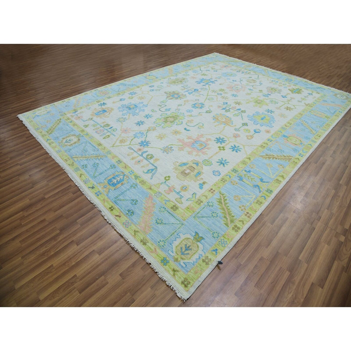 10'1"X14' Ivory Oushak Weave & Design Hand Knotted Leaf Pattern Wool Rug