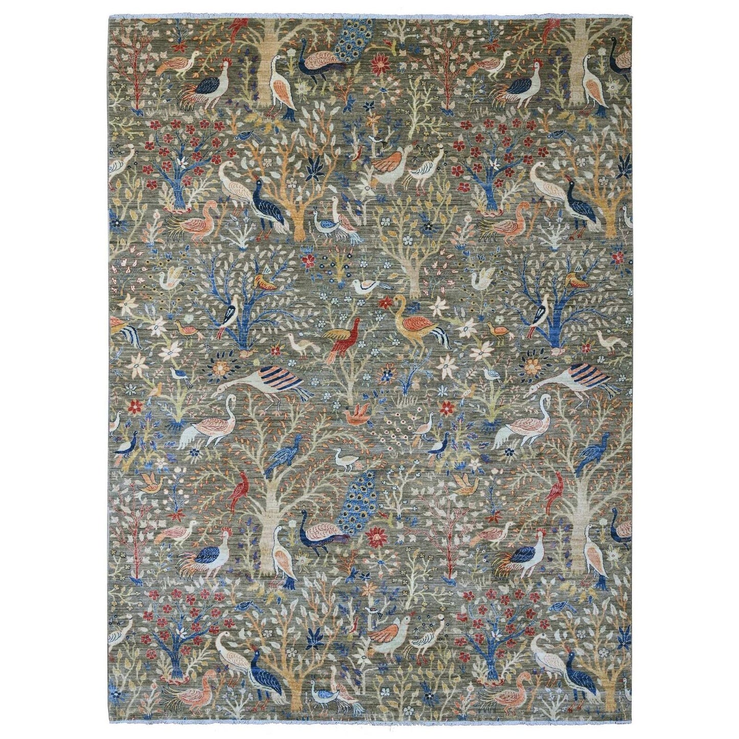 10'X13'6" Gray Hand Knotted Afghan Peshawar Birds Design Soft Wool Rug