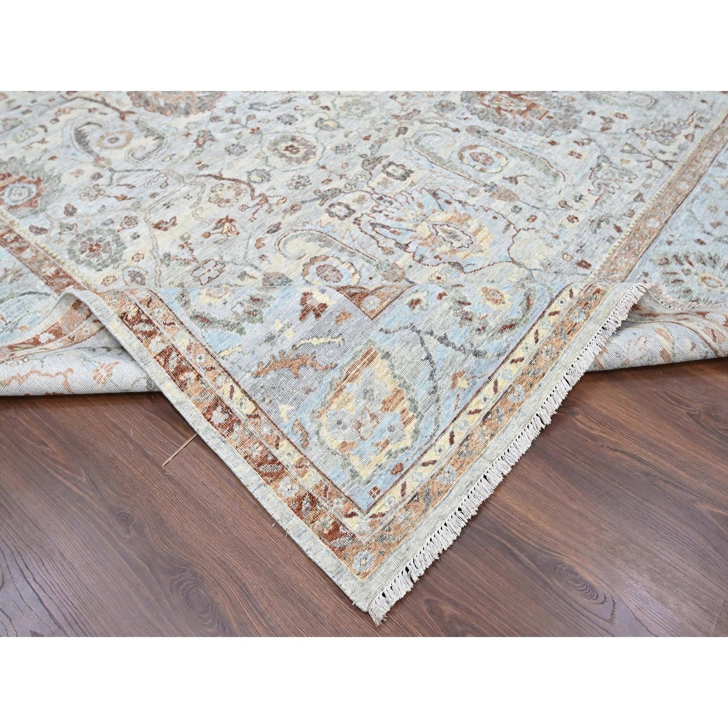 9'X11'9" Gray Pure Wool Antiqued Ziegler Mahal Design Hand Knotted Rug
