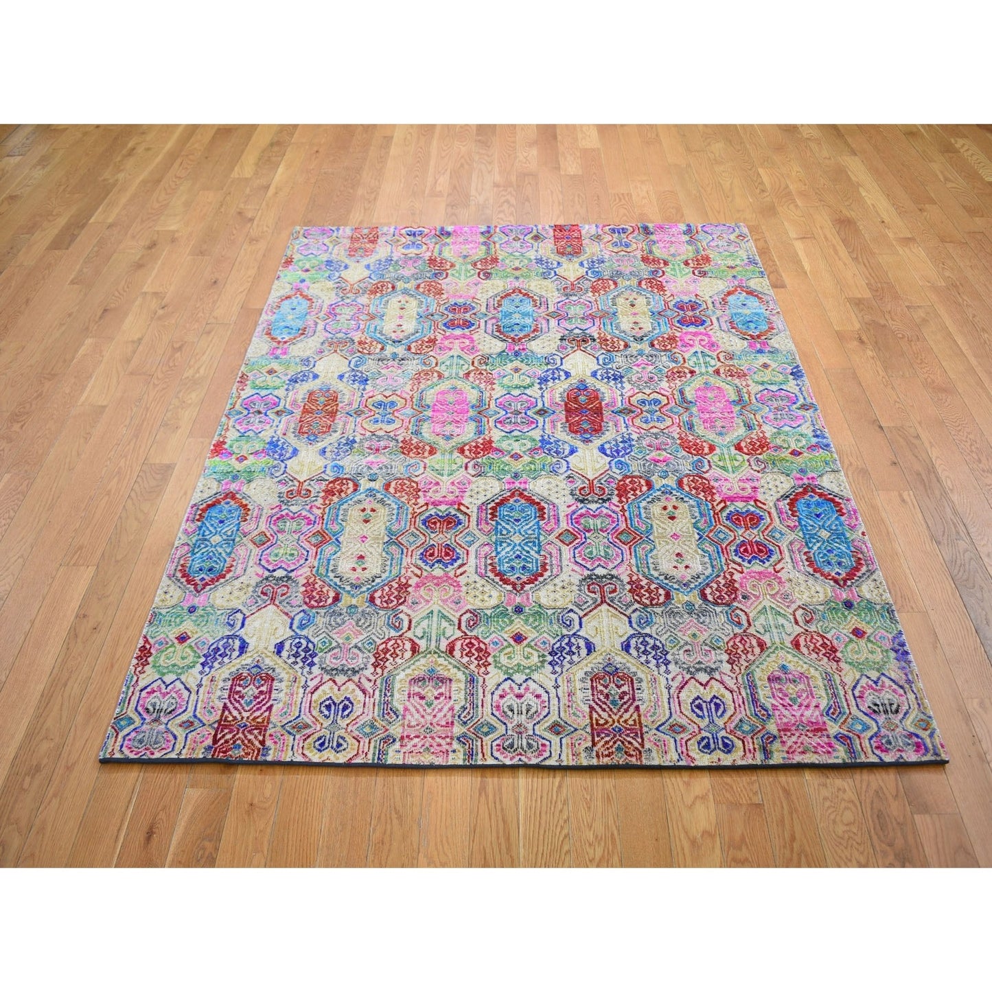5'X6'10" Jewellery Design Sari Silk With Textured Wool Hand Knotted Rug