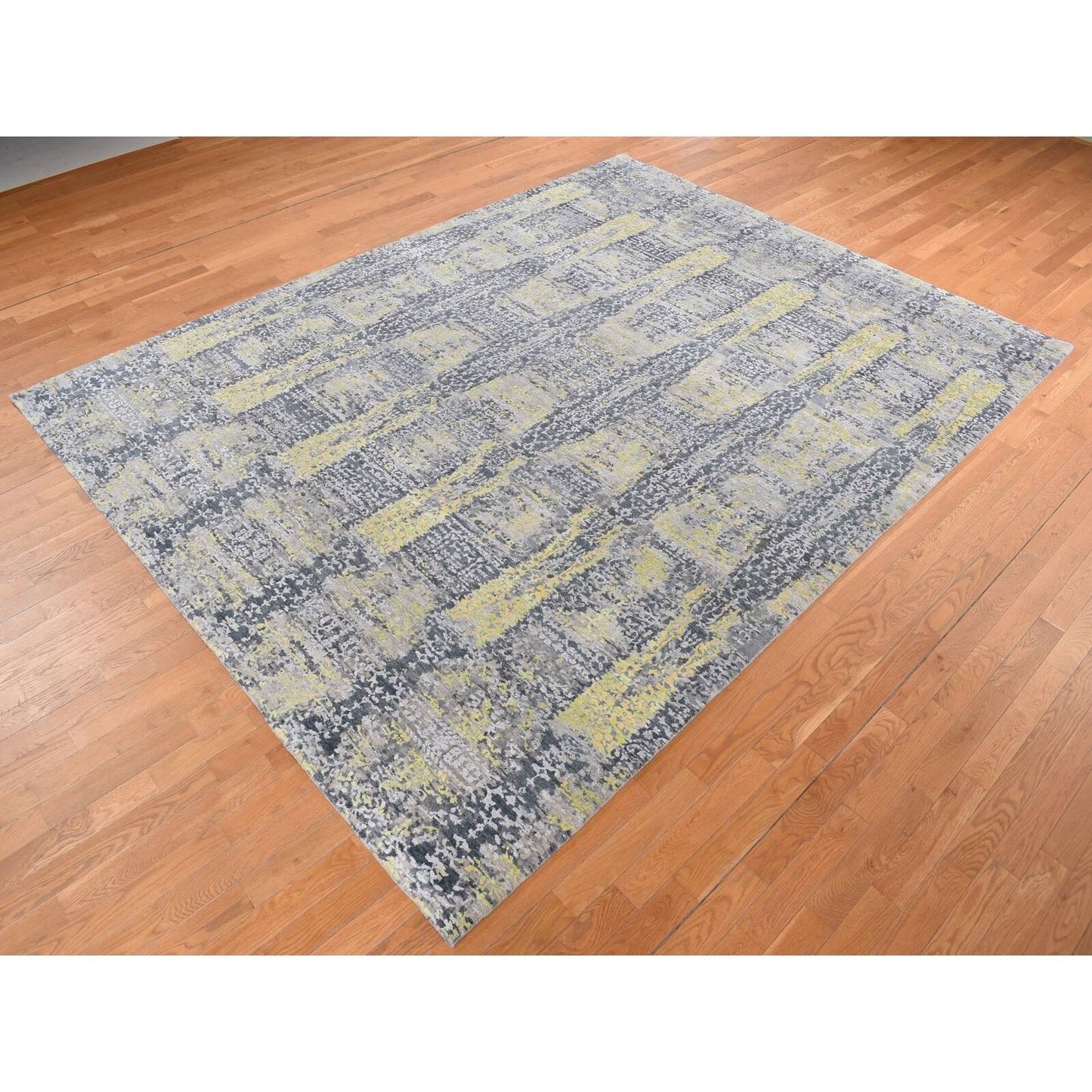 8'10"X11'9" Yellow Wool And Silk Transitional Design Hand Knotted Rug
