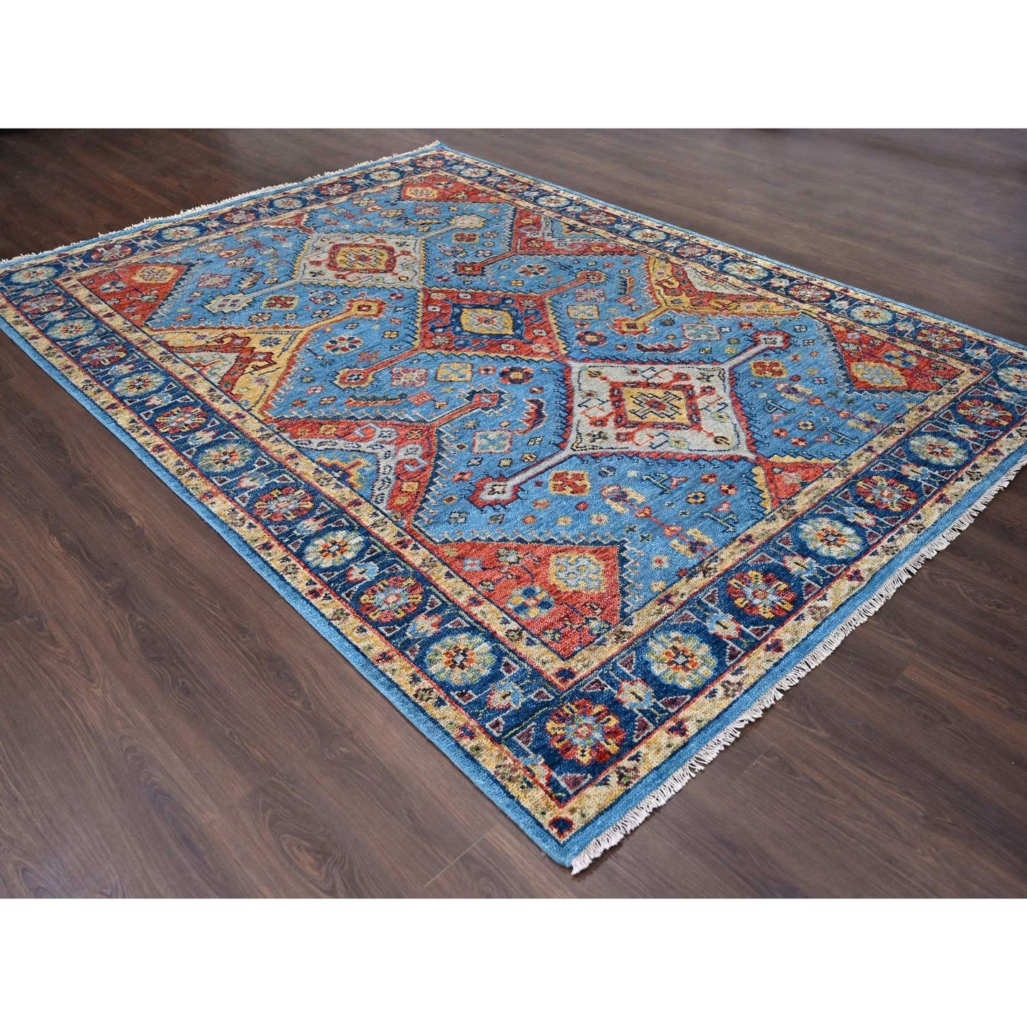 8'10"X11'10" Light Blue Hand Knotted Sheeraz Design Pure Wool Rug