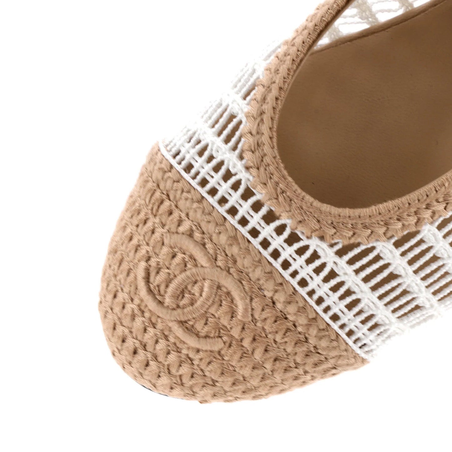Chanel Women'S Cc Cap Toe Ballerina Flats Crochet Raffia