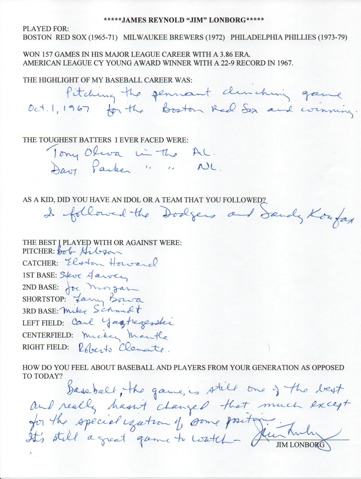 Jim Lonborg Autographed Hand Filled Out Survey