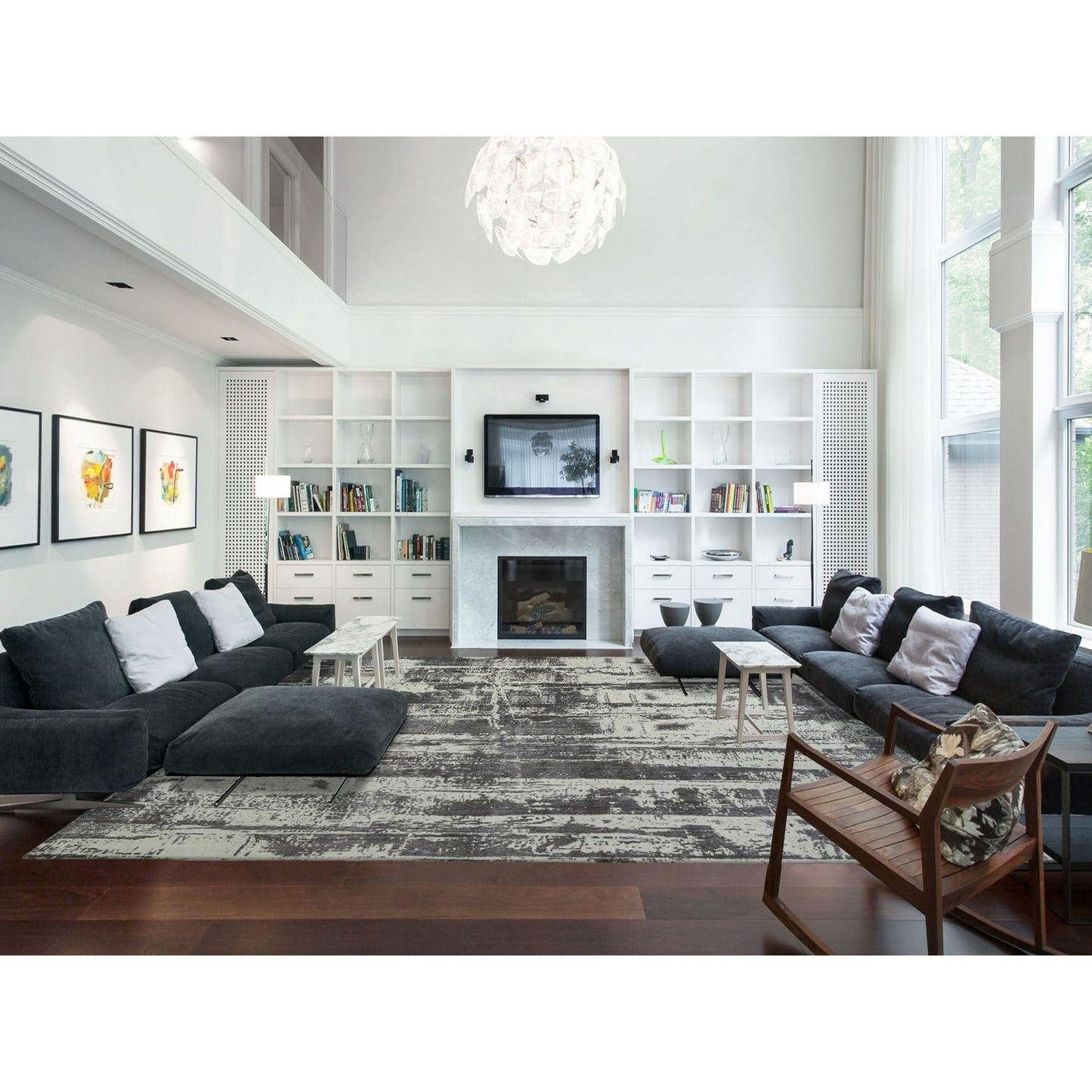 12'X15' Black Modern Design Wool And Silk Hand Loomed Oversized Rug