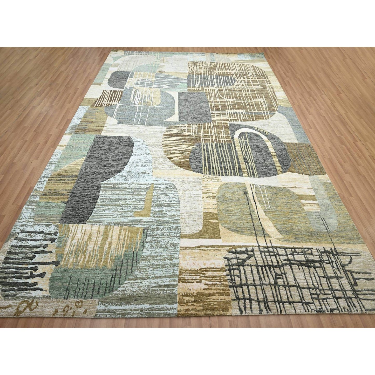 9'X11'9" Gray-Brown Abstract Geometric Pattern Hand Knotted Pure Wool Rug