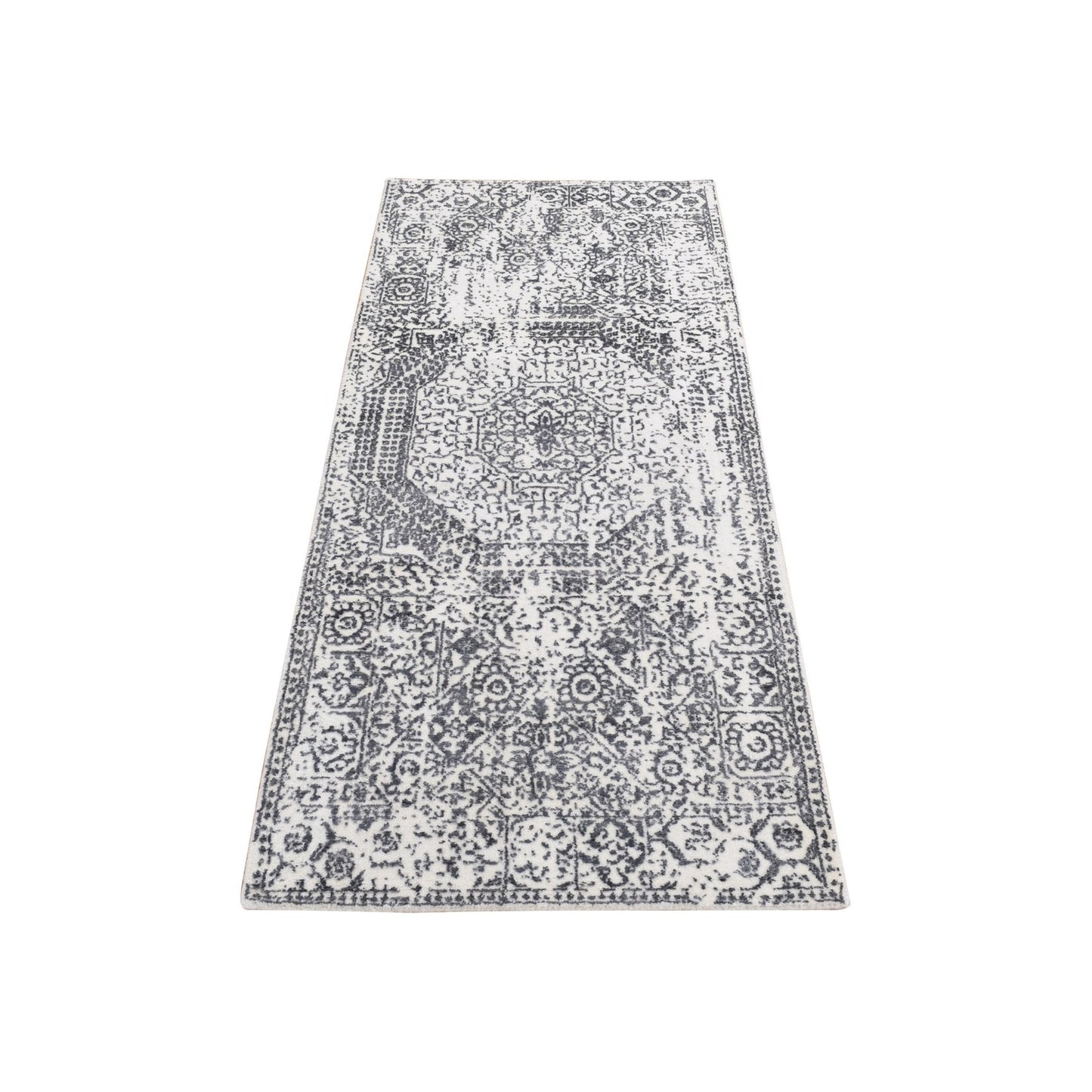 2'5"X5'10" Black Hand Loomed Mamluk Design Wool And Art Silk Runner Rug