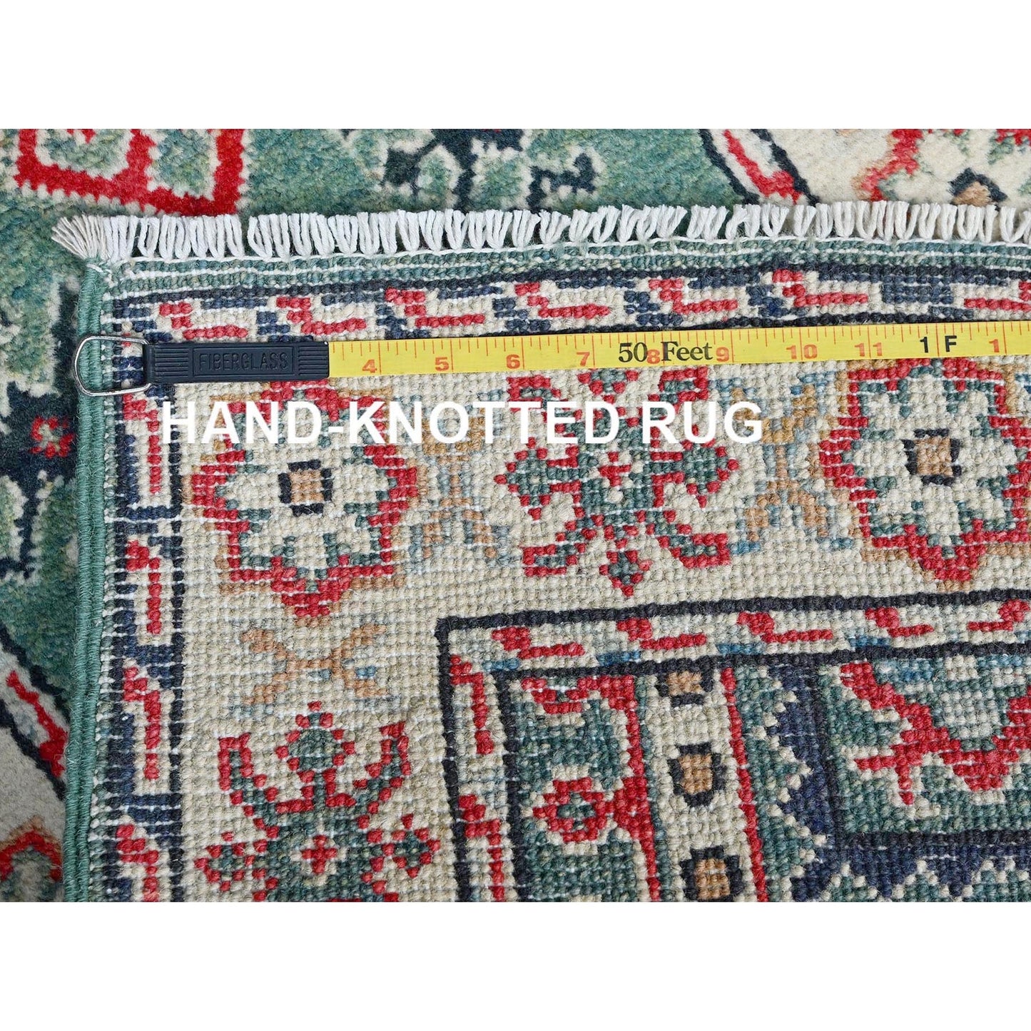 2'X5'10" Green Kazak With Geometric Design All Wool Hand Knotted Runner Rug