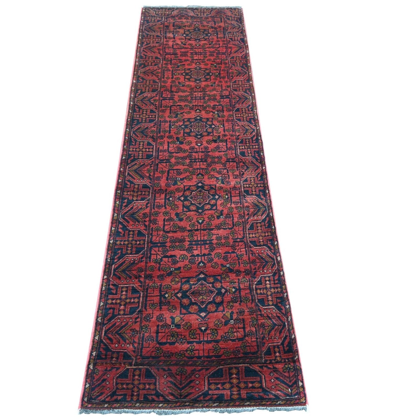 2'2"X8'2" Red Hand Knotted Andkhoy Geometric Design Soft Wool Runner Rug