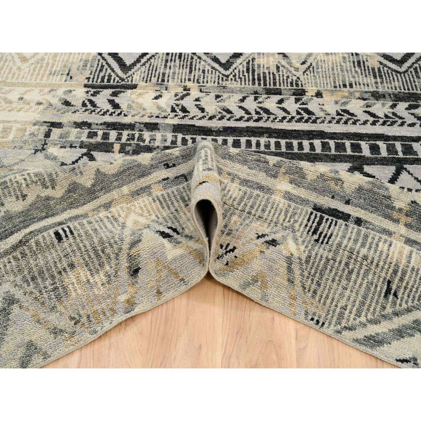 9'9"X13'10" Gray Erased Ethnic Geometric Design Wool Hand Knotted Rug