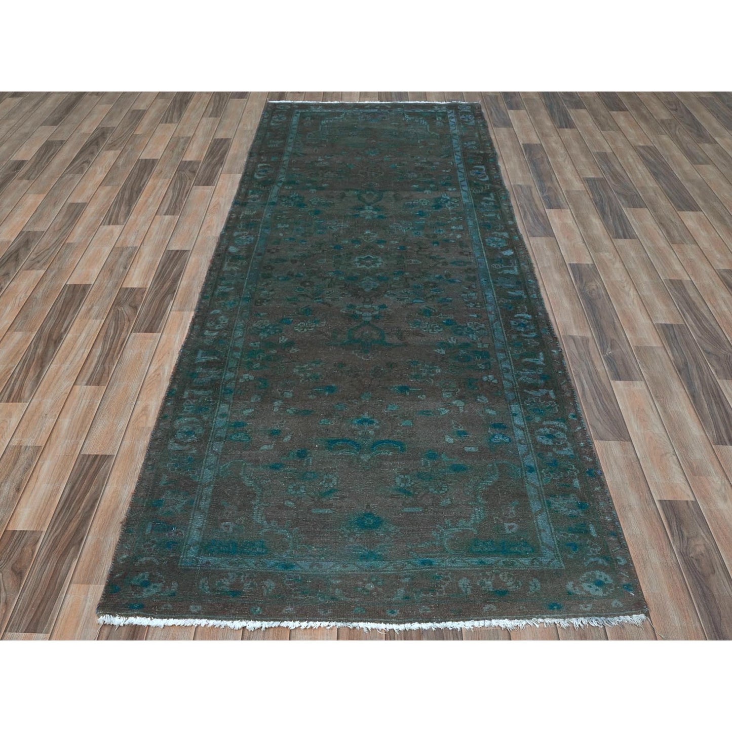 3'8"X9'3" Brown Vintage Farsian Bibikabad Hand Knotted Wool Runner Rug