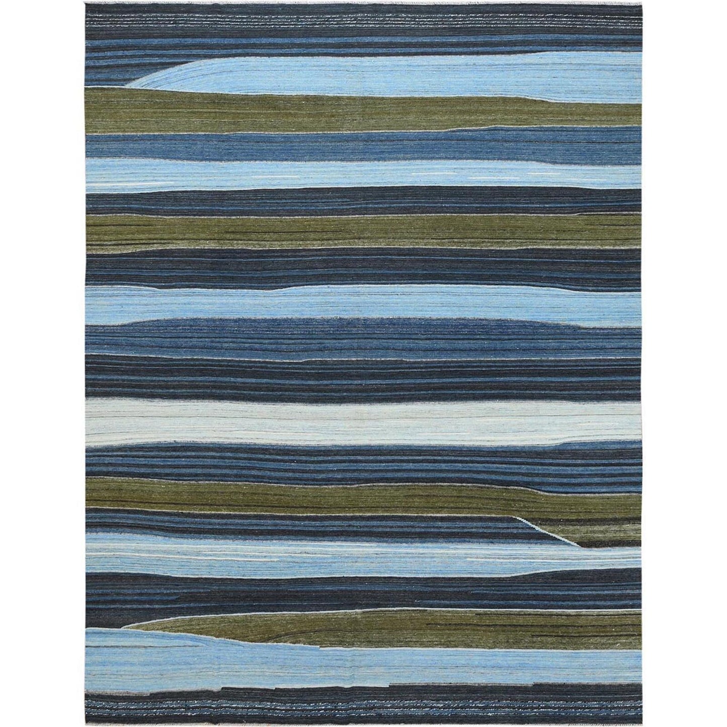 10'7"X13'8" Blue And Brown Mountain Design Flat Weave Kilim Pure Wool Rug