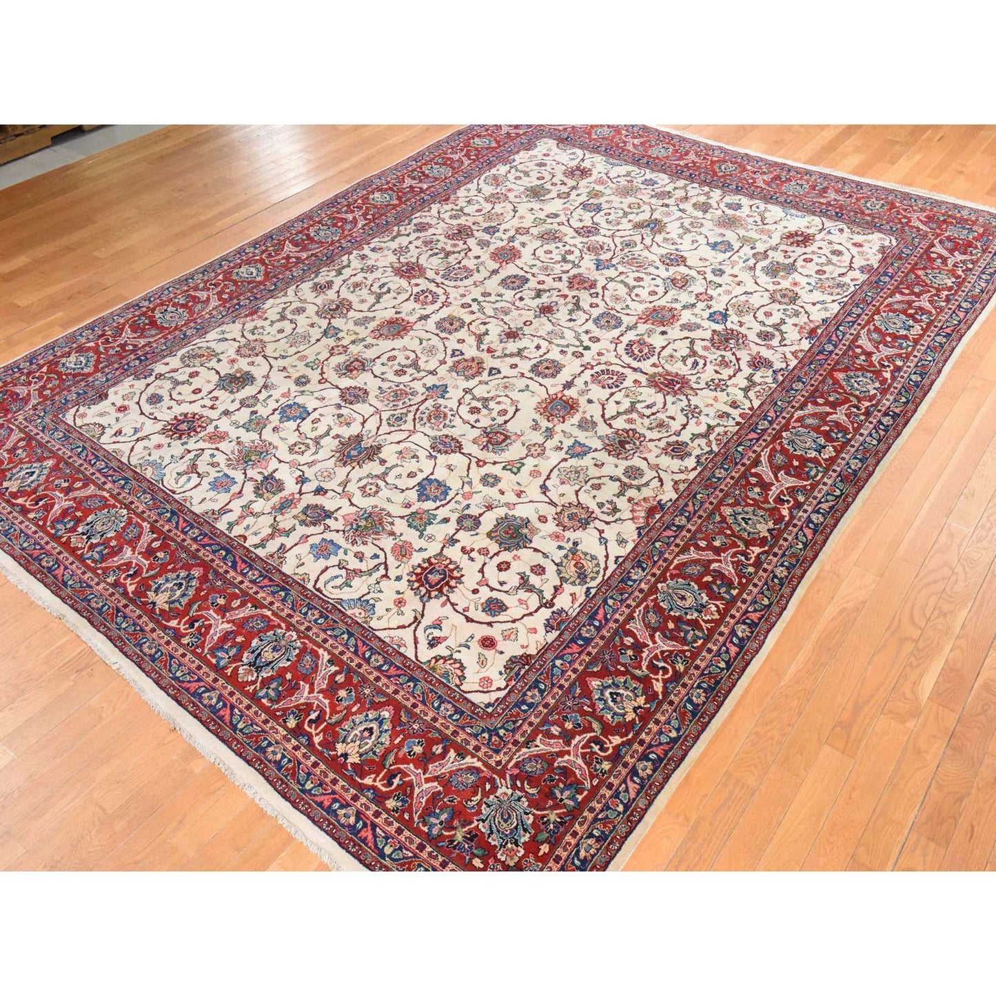 10'1"X13'9" Ivory Semi Antique Zoroastrian Saroogh Wool Hand Knotted Rug