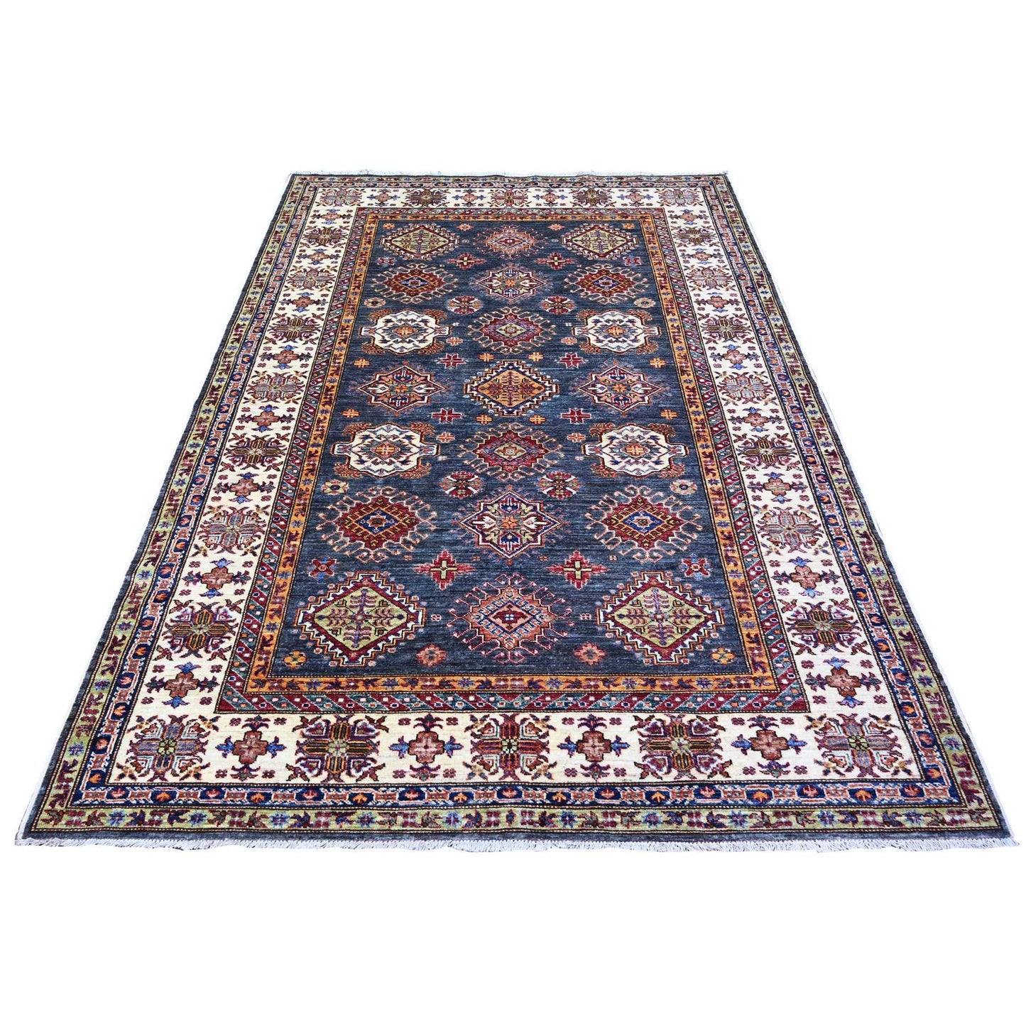 5'9"X7'10" Slate Gray Kazak Geometric Medallions Wool Hand Knotted Rug