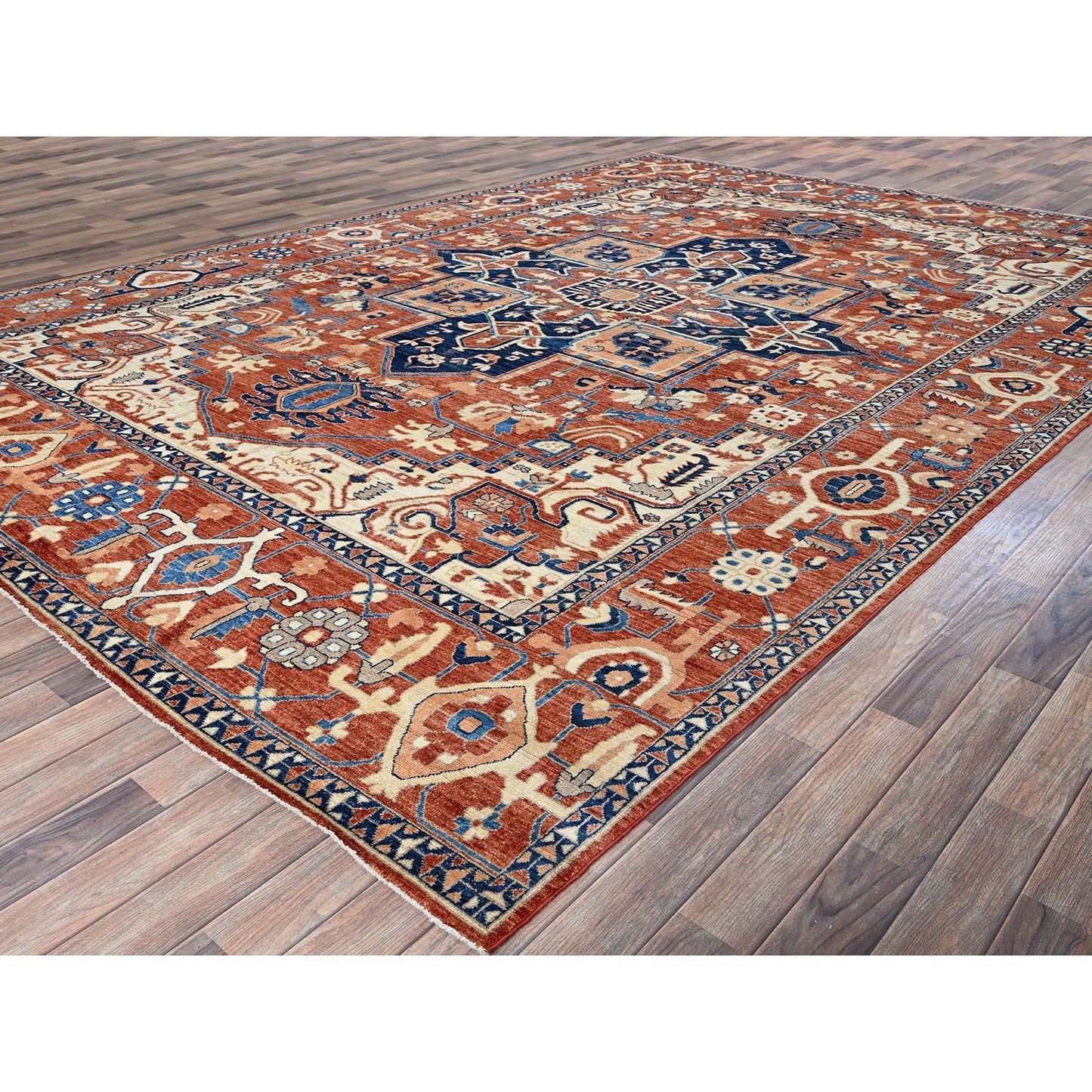 9'9"X13'10" Coral Red Peshawar Heris Hand Knotted High Mountain Wool Rug