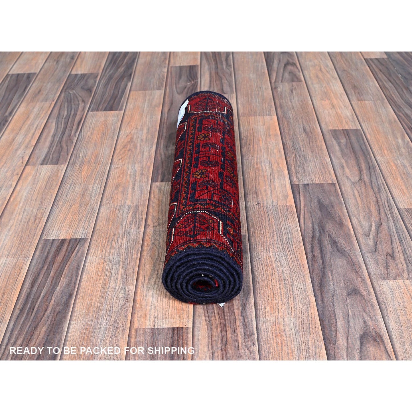 1'8"X4'9" Red Hand Knotted Afghan Khamyab Geometric Pattern Wool Runner Rug