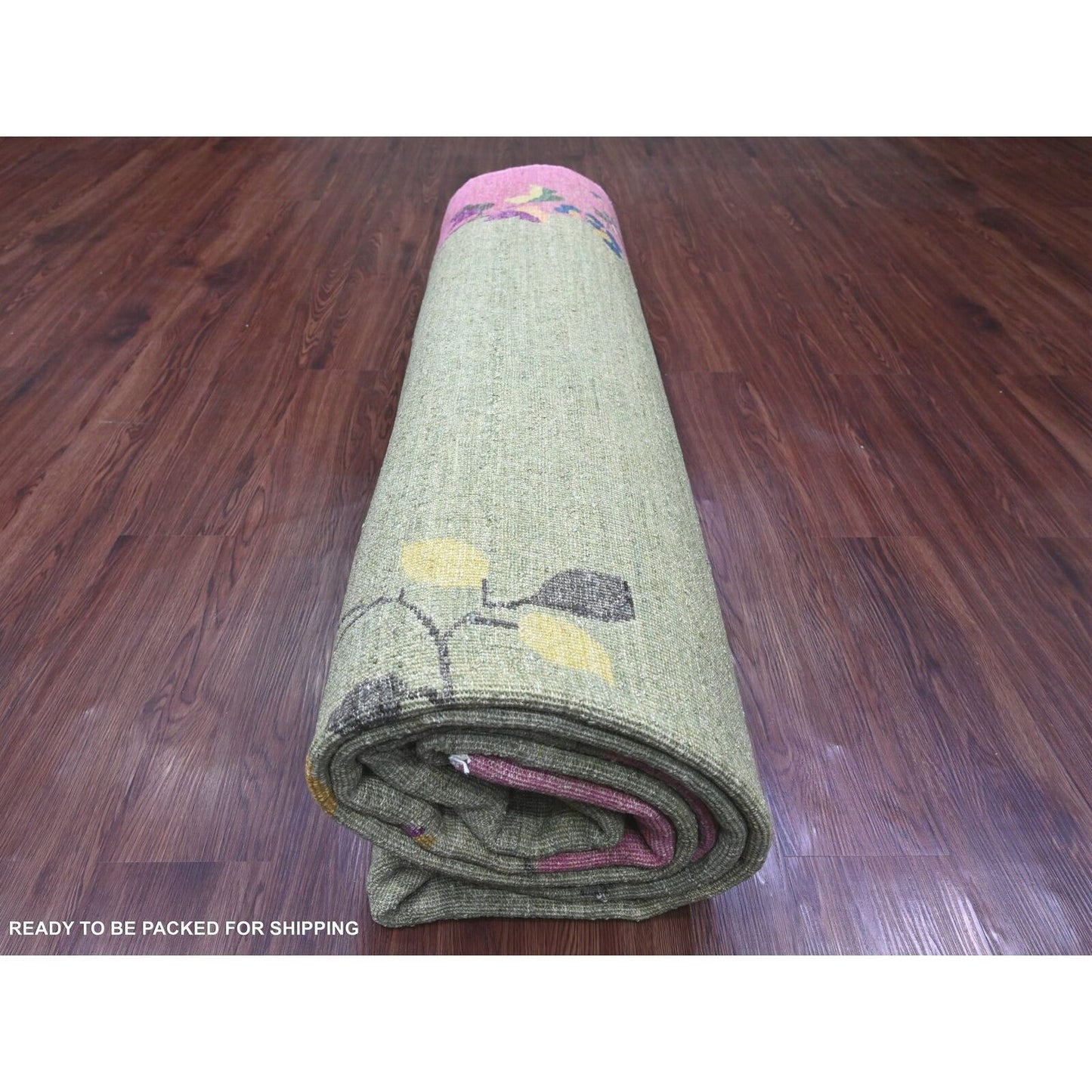 9'X12'3" Green Chinese Art Deco Inspired Peshawar Hand Knotted Wool Rug