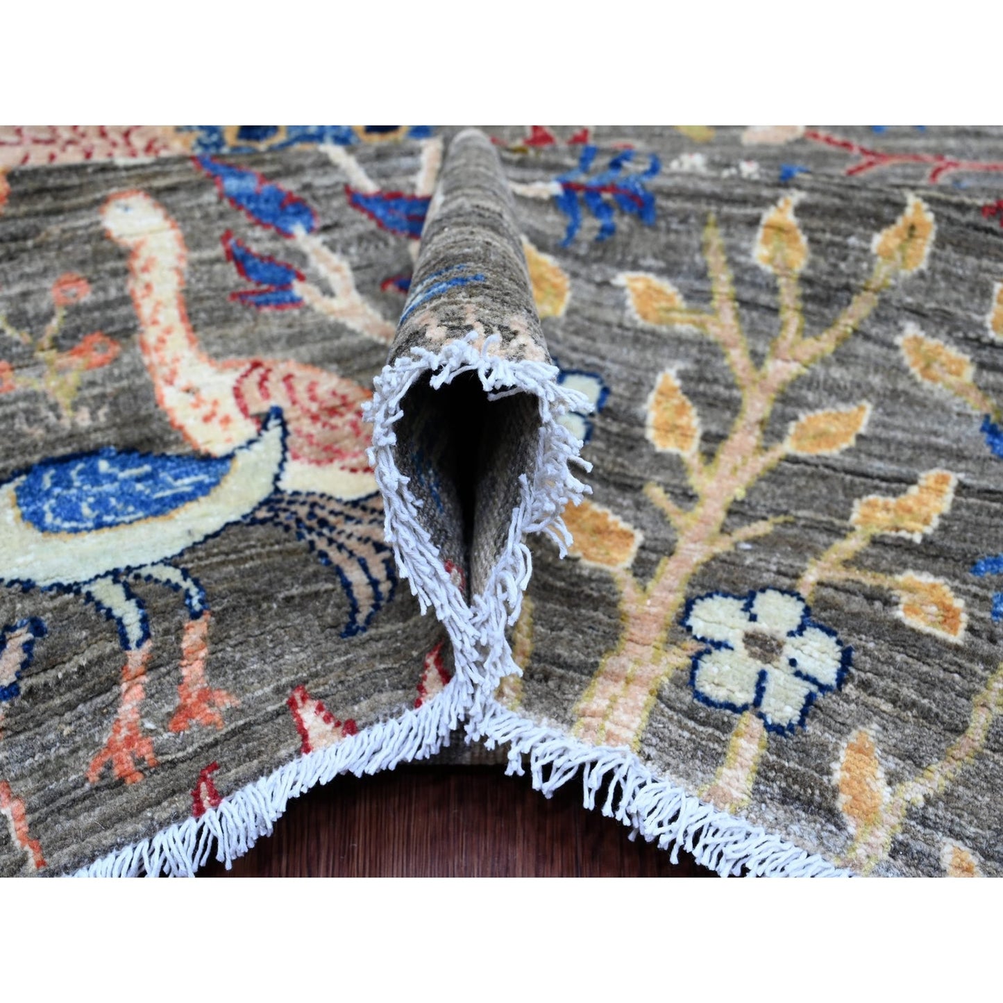 10'X13'6" Gray Hand Knotted Afghan Peshawar Birds Design Soft Wool Rug