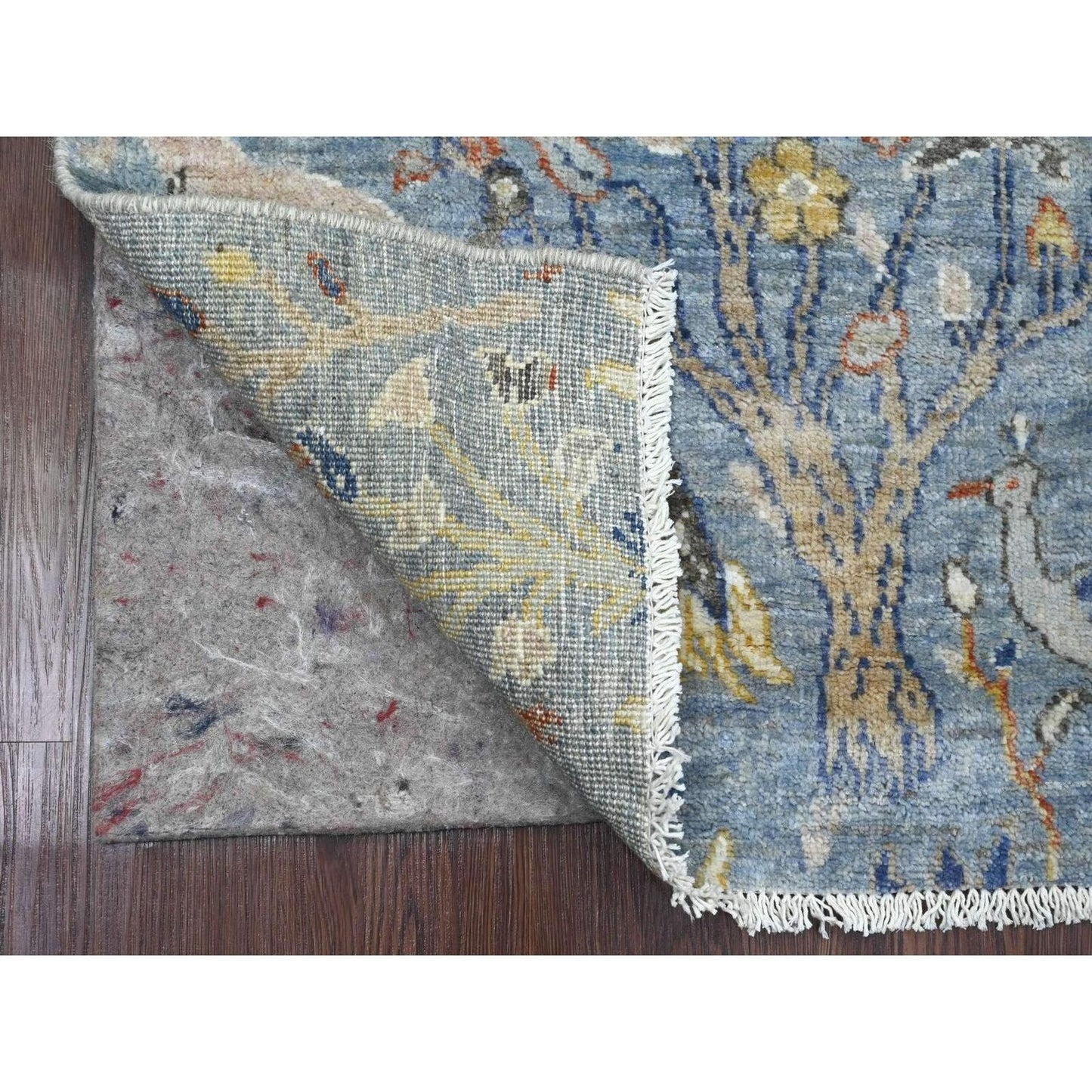 2'X6'4" Ruddy Blue Peshawar Birds Design Hand Knotted All Wool Runner Rug