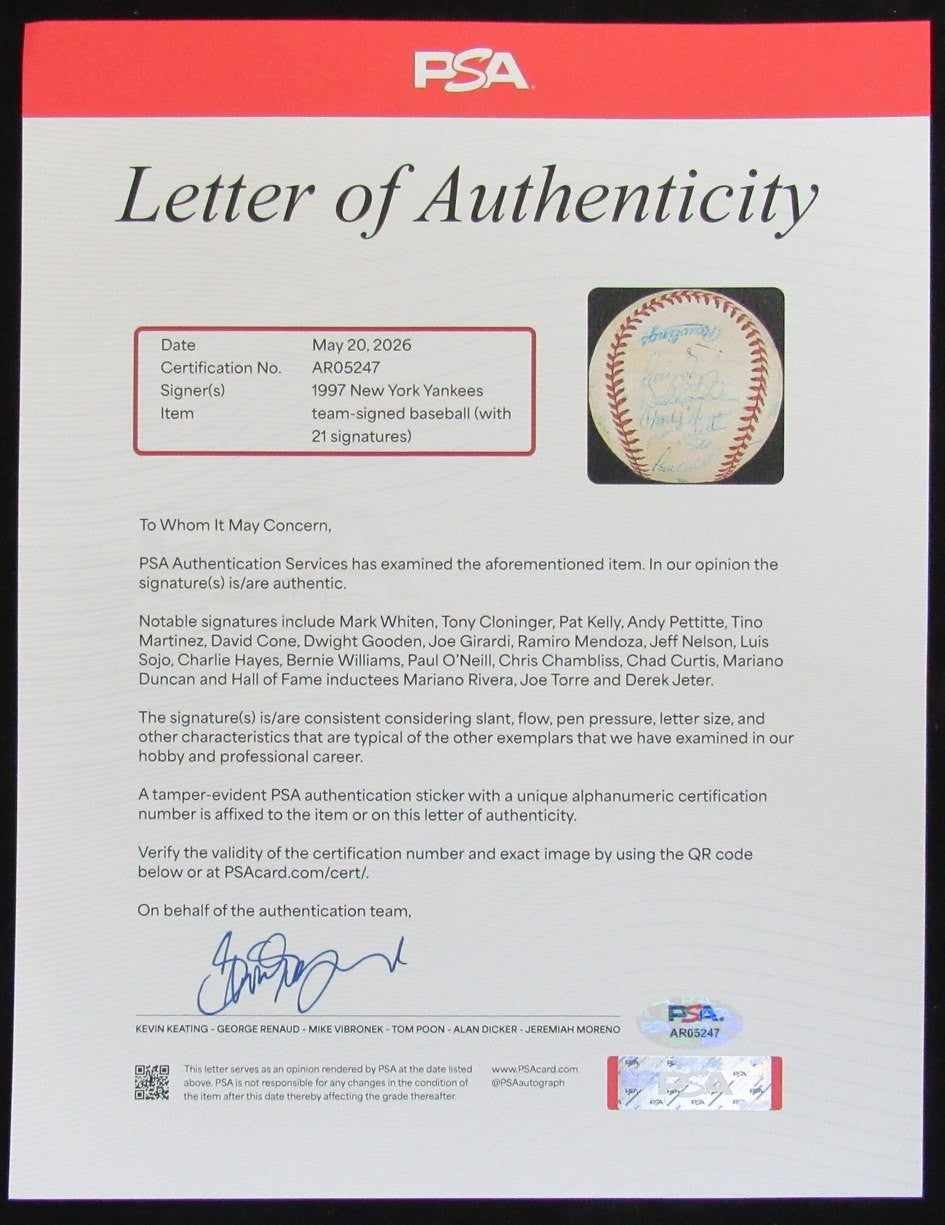 1997 New York Yankees Team-Signed by (21) OAL Baseball PSA/ DNA 209924