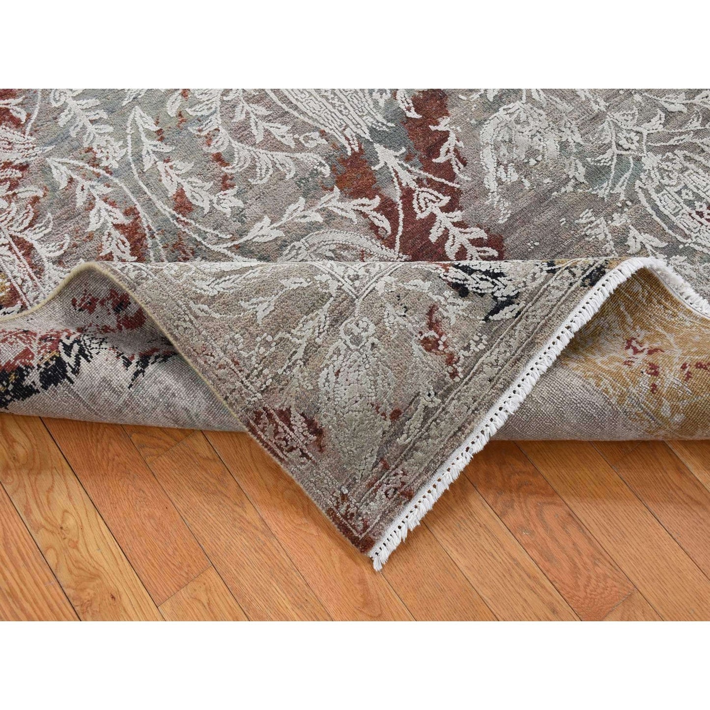 5'2"X7'1" Gray Broken Tulip Design Silk With Wool Hand Knotted Rug