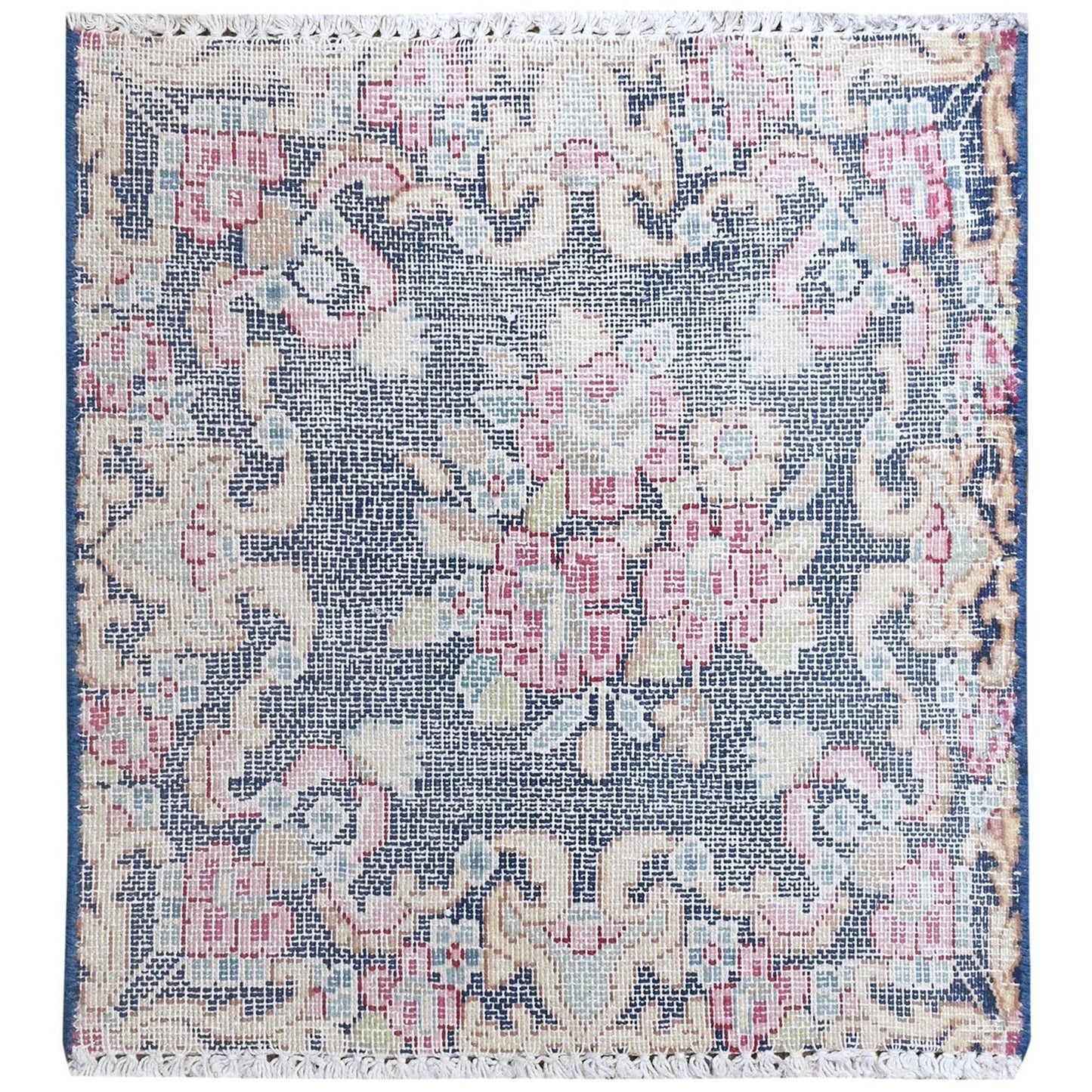1'6"X1'6" Blue Hand Knotted Vintage Farsian Karman Worn Wool Square Rug
