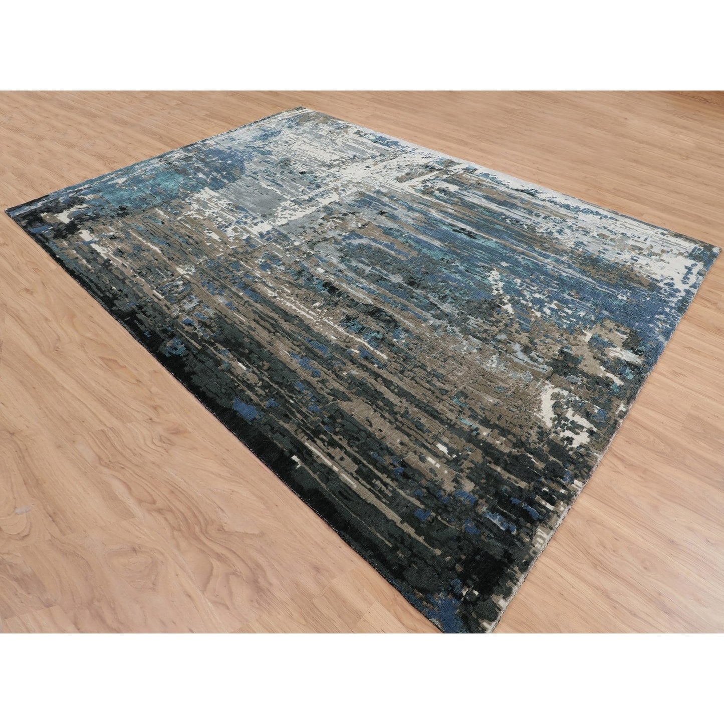 9'9"X'13'9" Blue Abstract Design Wool And Silk Hand Knotted Oriental Rug