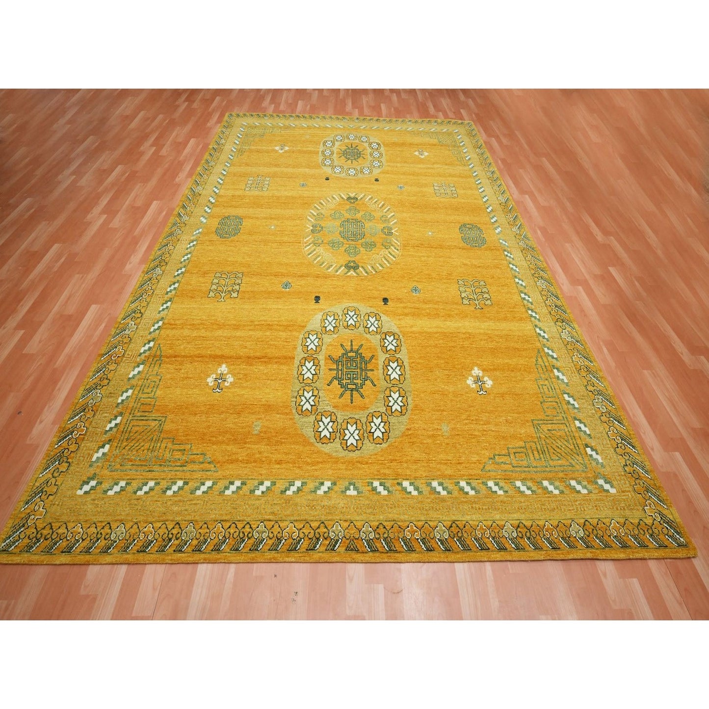 9'X12'4" Golden Yellow Khotan Design Hand Knotted 100% Wool Oriental Rug