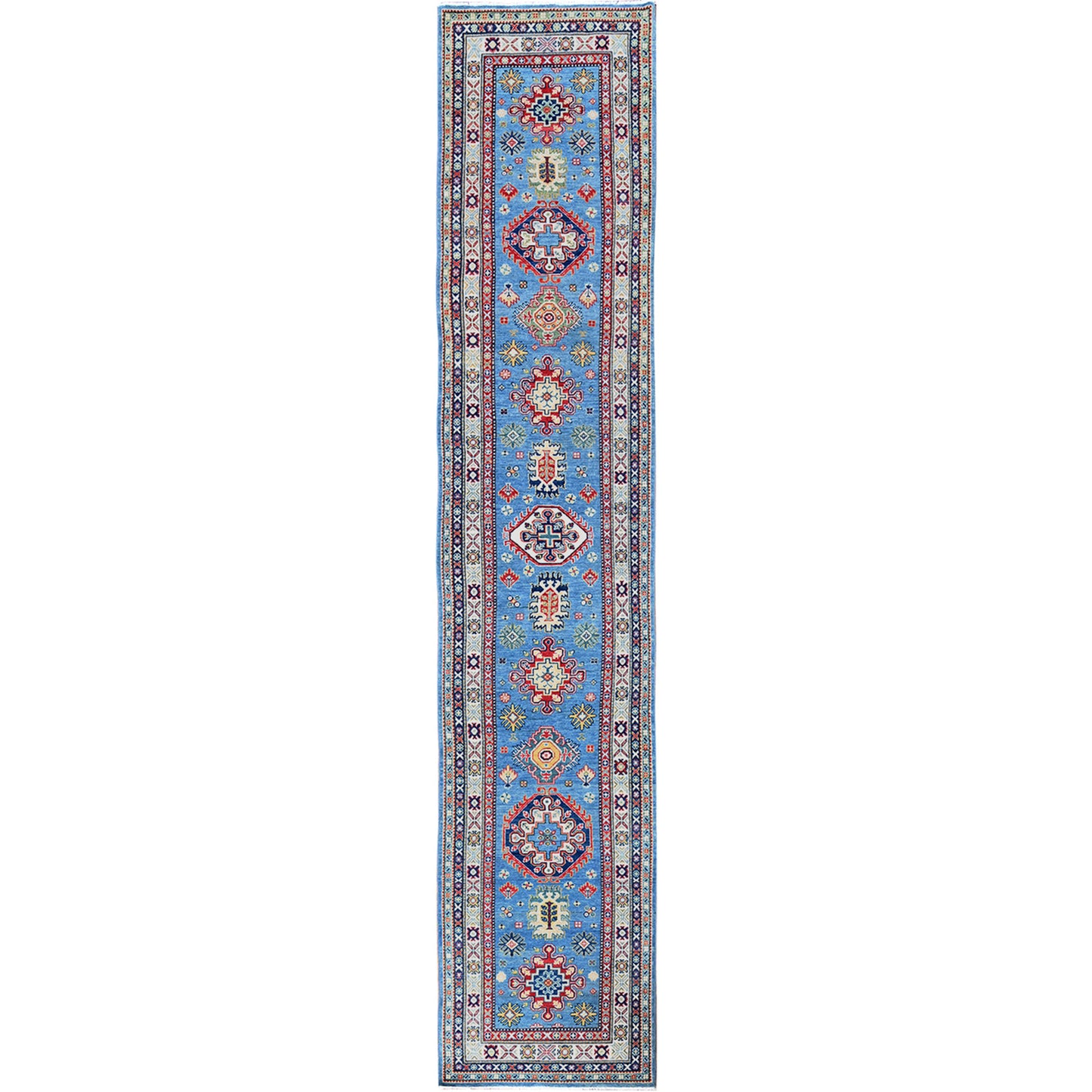 3'2"X16'1" Blue Kazak With Medallions Design Hand Knotted Wool Runner Rug
