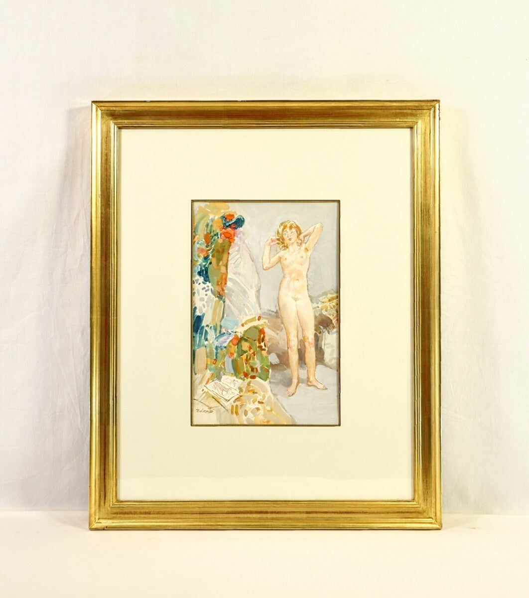 Erno Zorad (Hungary) Signed Original Watercolor On Paper Nude Painting Framed