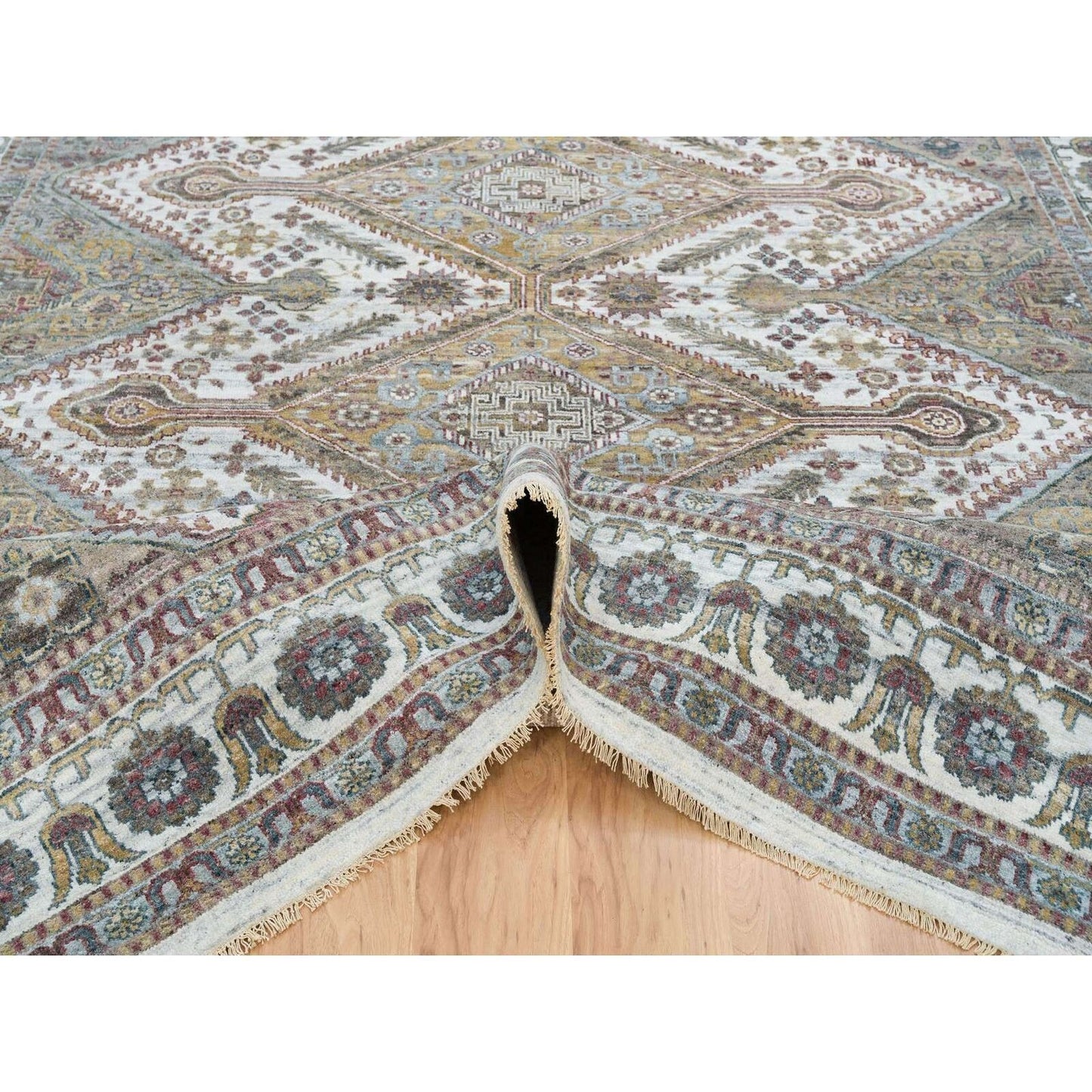 9'10"X10' Ivory Wool Hand Knotted Flower Rosettes Border Oriental Rug