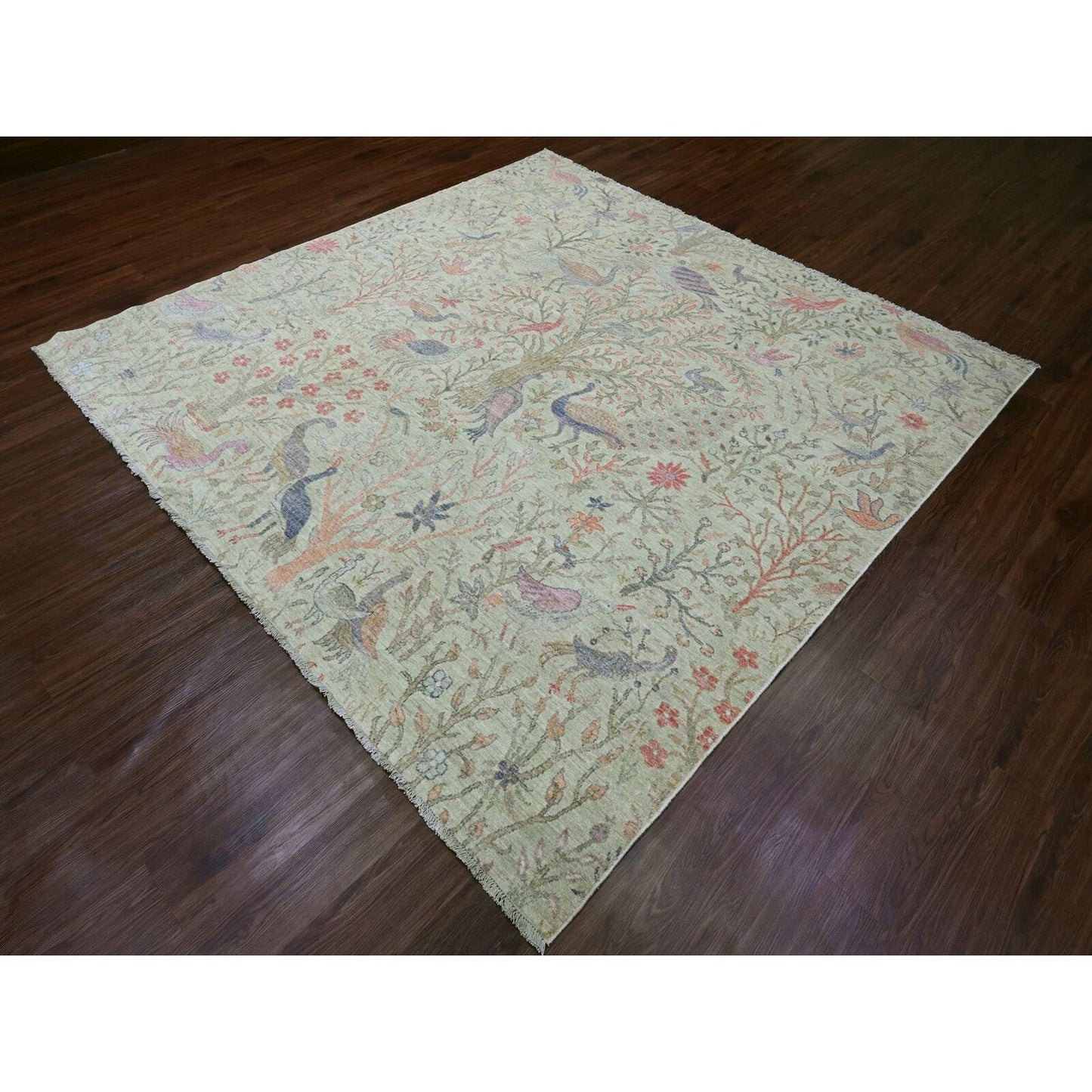 8'X8' Swamp Green Hand Knotted Peshawar Birds Design Soft Wool Square Rug