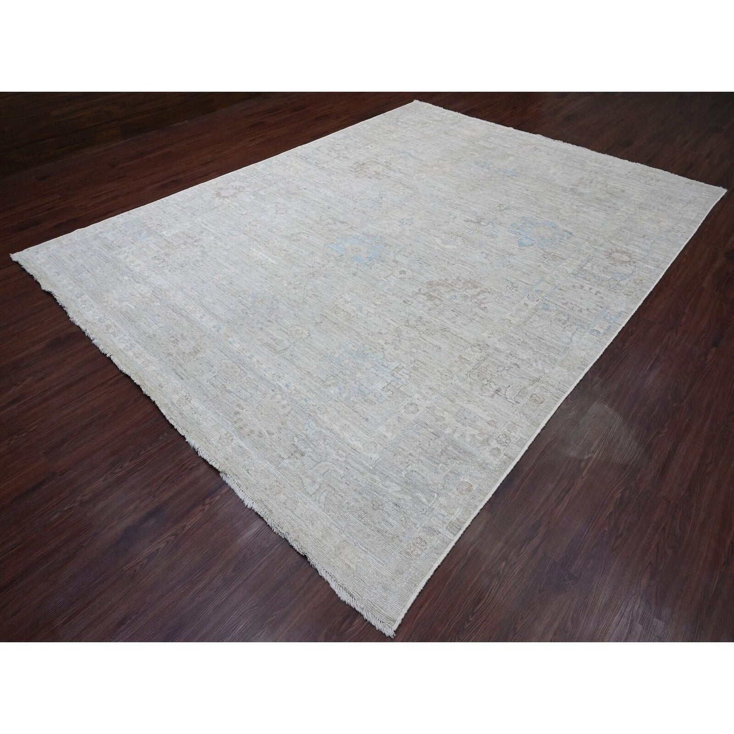 9'X11'10" Gray Afghan Angora Oushak Leaf Design Hand Knotted All Wool Rug
