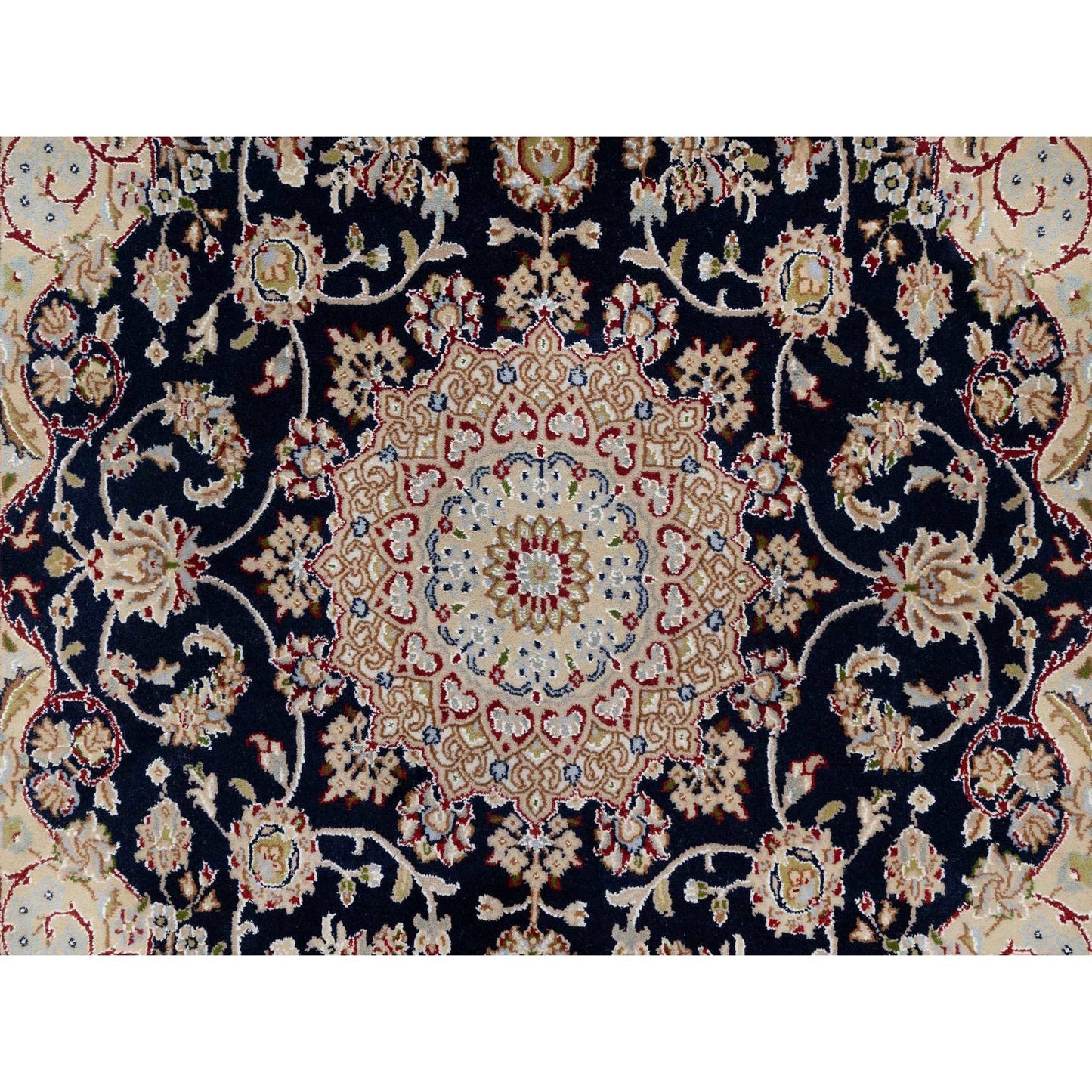 5'X5' Blue Wool And Silk Hand Knotted Nain With Flower Design Square Rug