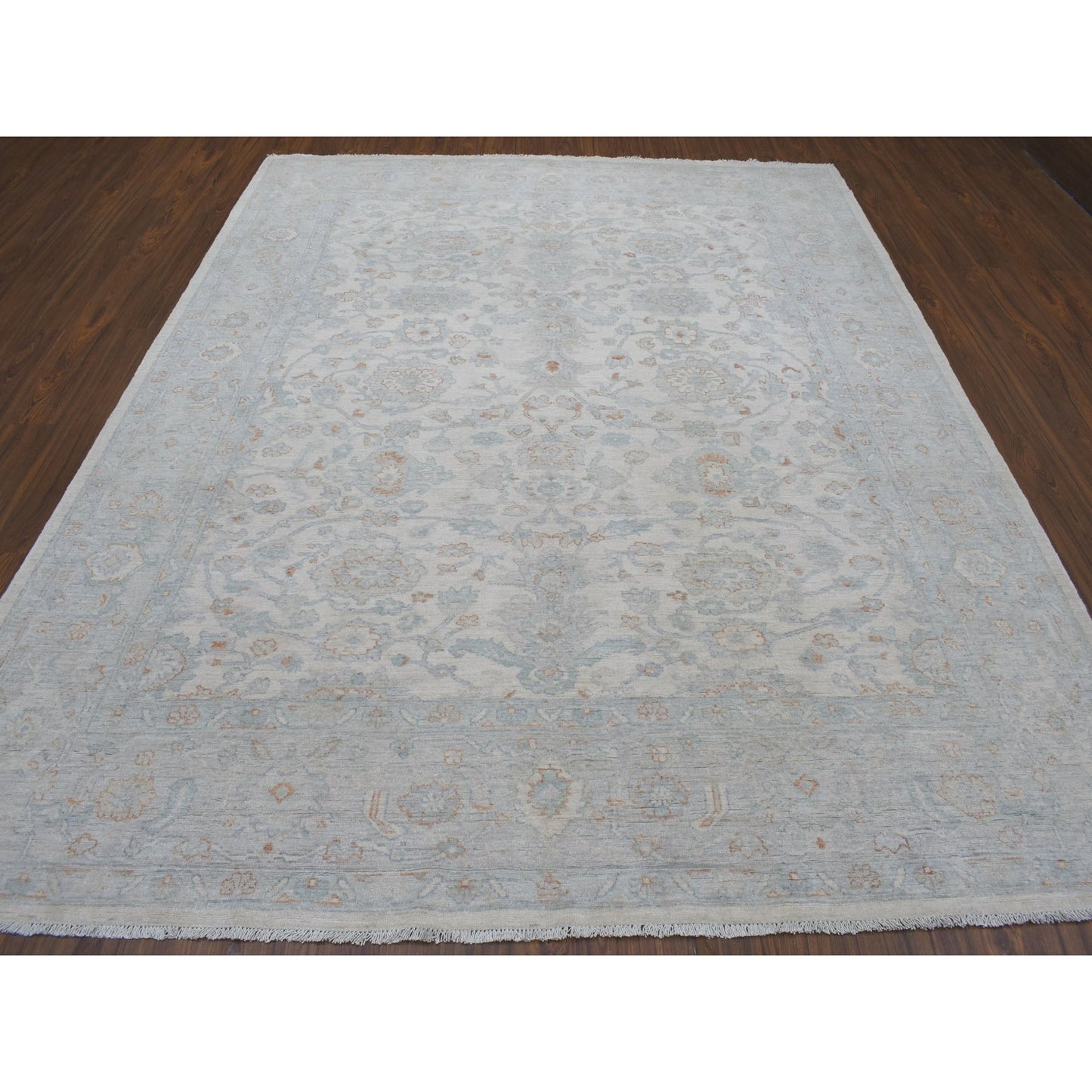 8'X9'9" White White Wash Peshawar Hand Knotted Natural Wool Oriental Rug