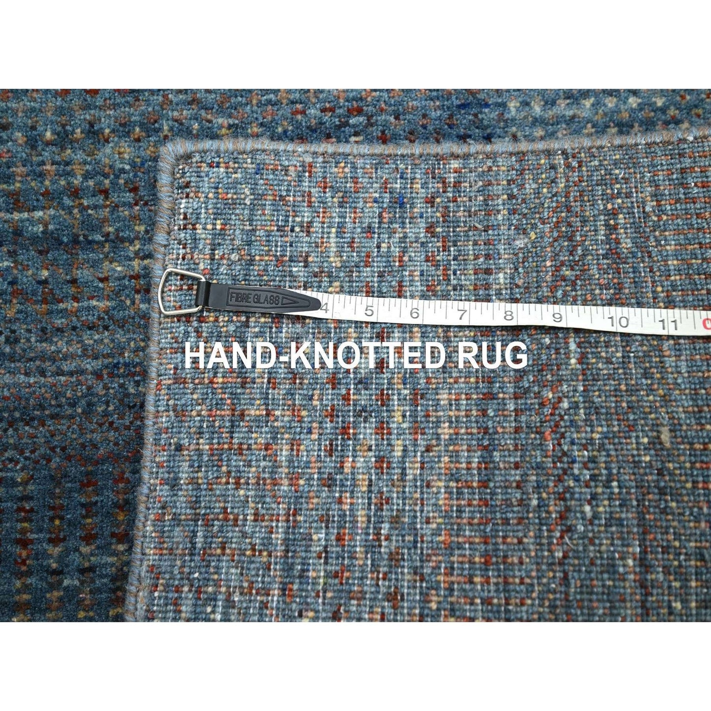 2'7"X12'3" Denim Blue Grass Design Wool And Silk Hand Knotted Runner Rug