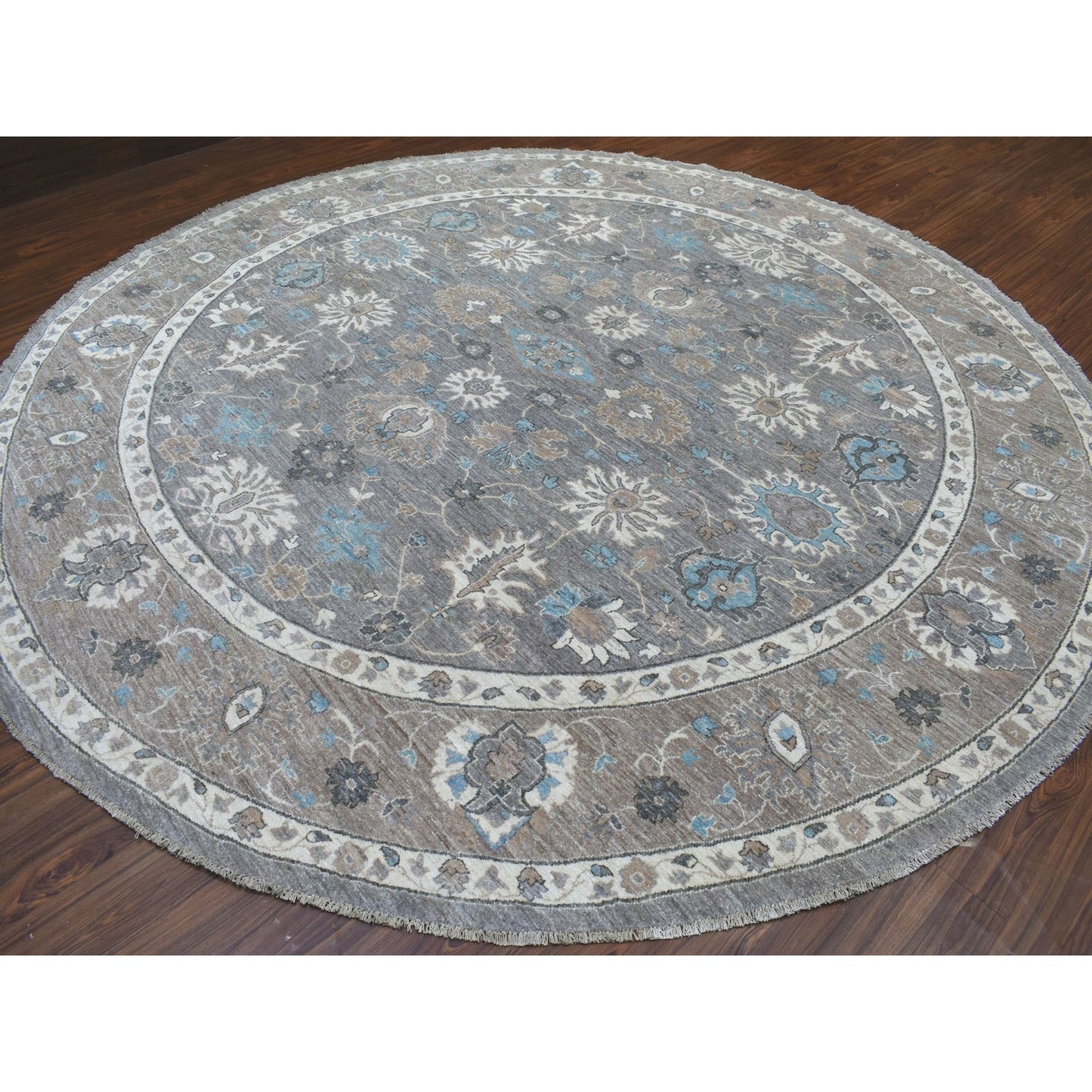 12'X12' Hand Knotted Soft Wool Fine Peshawar Silver Gray Round Rug