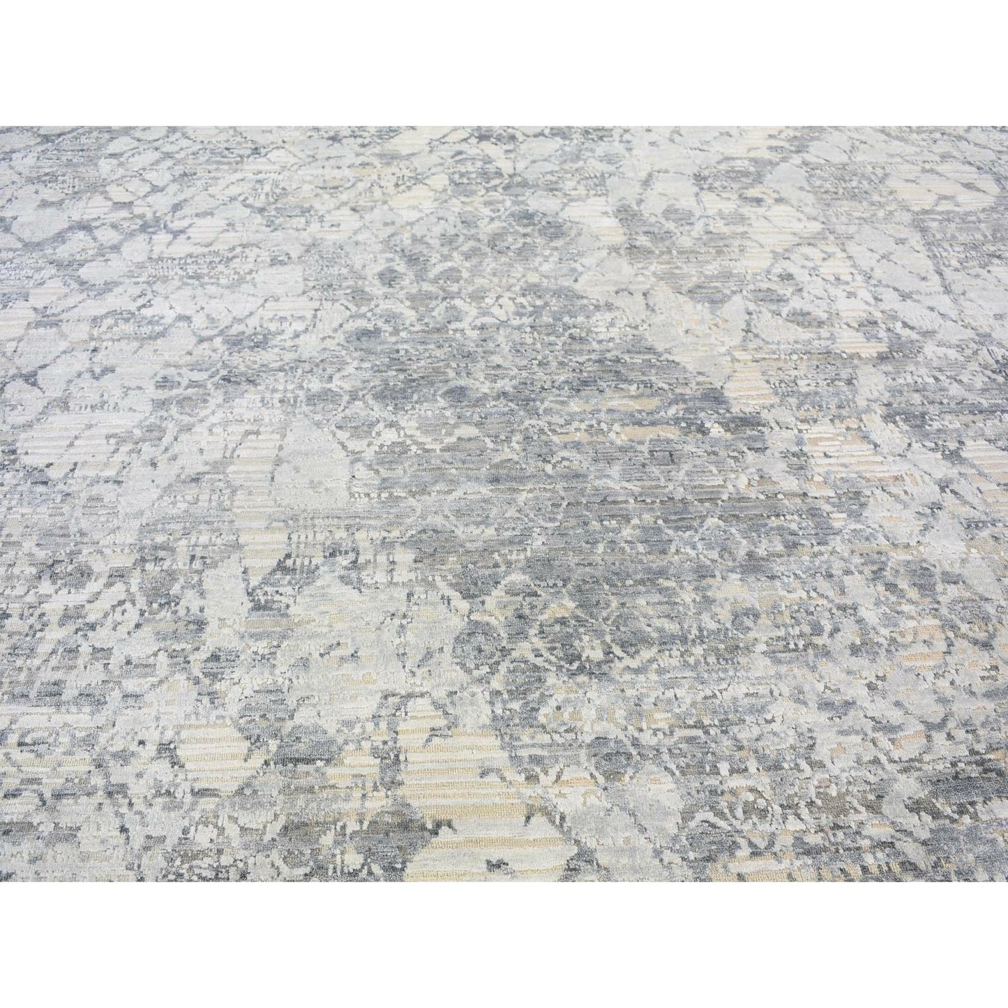 10'1"X14'2" Silk And Textured Wool Gray Hand Knotted Modern Design Rug