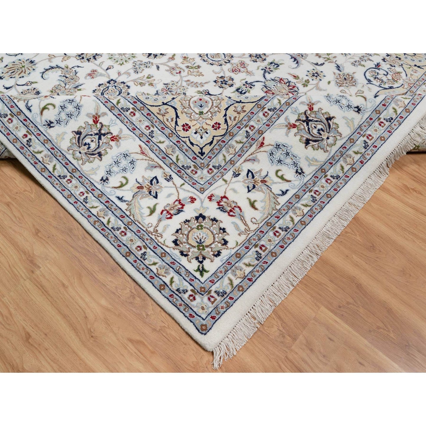 8'10"X12'4" White Nain With Flower Design Hand Knotted Wool And Silk Rug