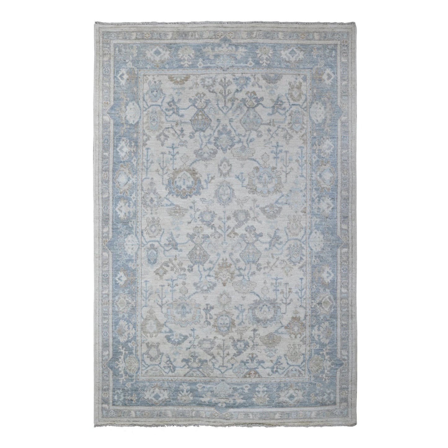 6'1"X9'4" Cadet Gray Wool Weft Afghan Angora Oushak Oriental Rug