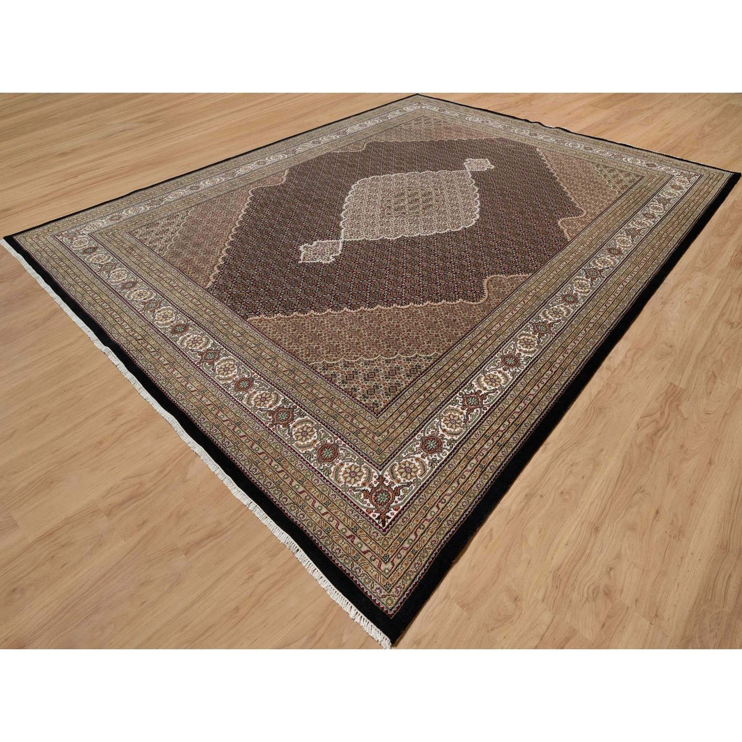 11'8"X15'2" Black Hand Knotted Tebraz Mahi Fish Design Wool Oversized Rug