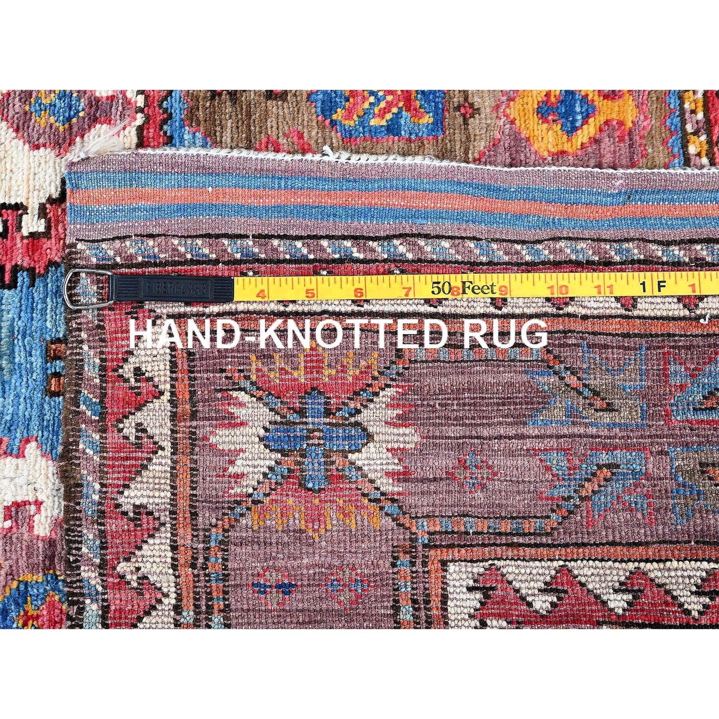 4'4"X5'9" Blue Afghan Caucasian Design Revival Hand Knotted Soft Wool Rug