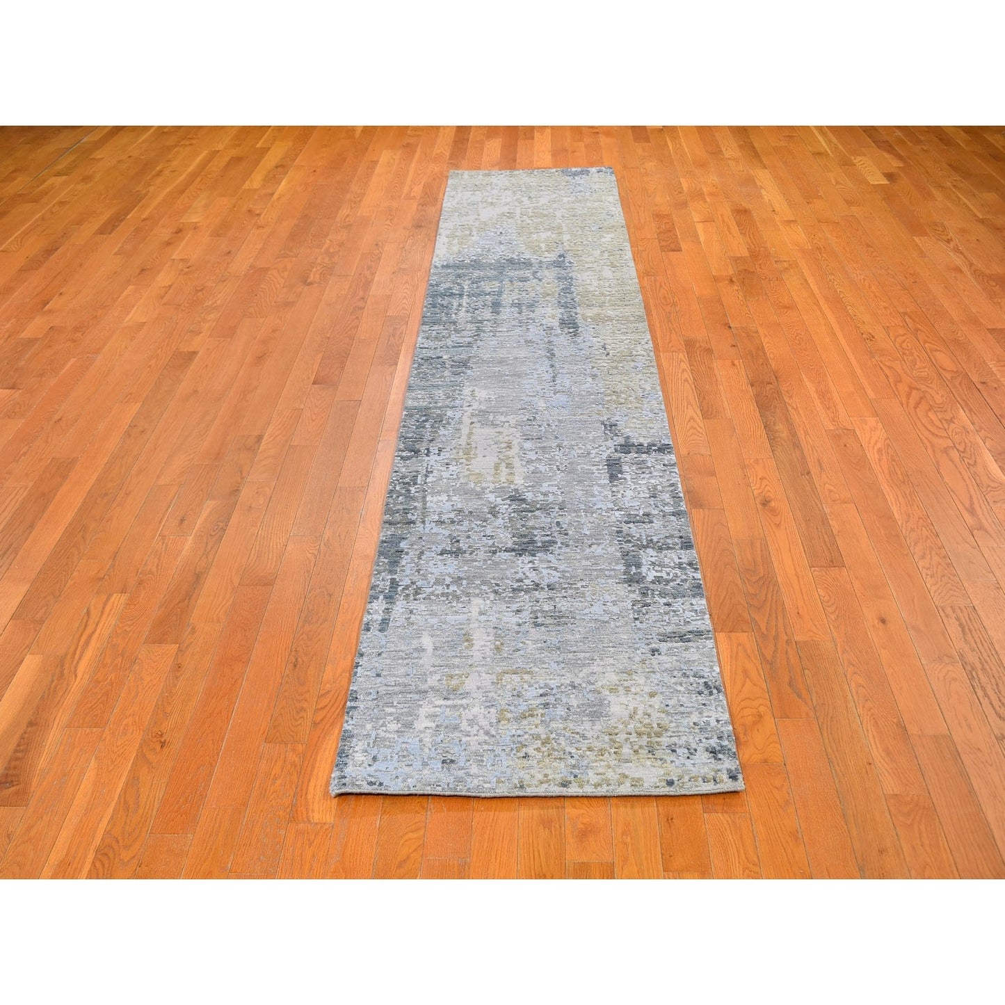 2'6"X12'3" Abstract Design Wool And Silk Dense Weave Hand Knotted Rug