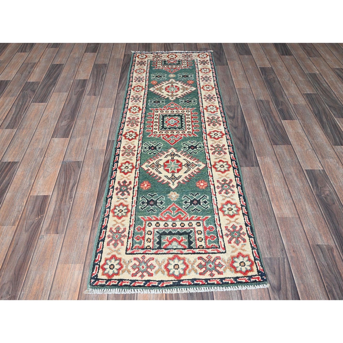 2'X5'10" Green Kazak With Geometric Design All Wool Hand Knotted Runner Rug