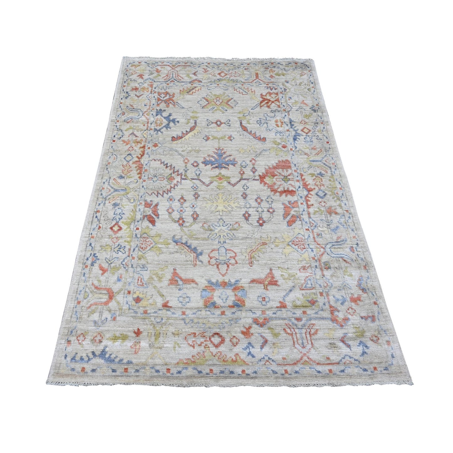 4'X6' Gray Hand Knotted Afghan Angora Oushak Leaf Design Pure Wool Rug