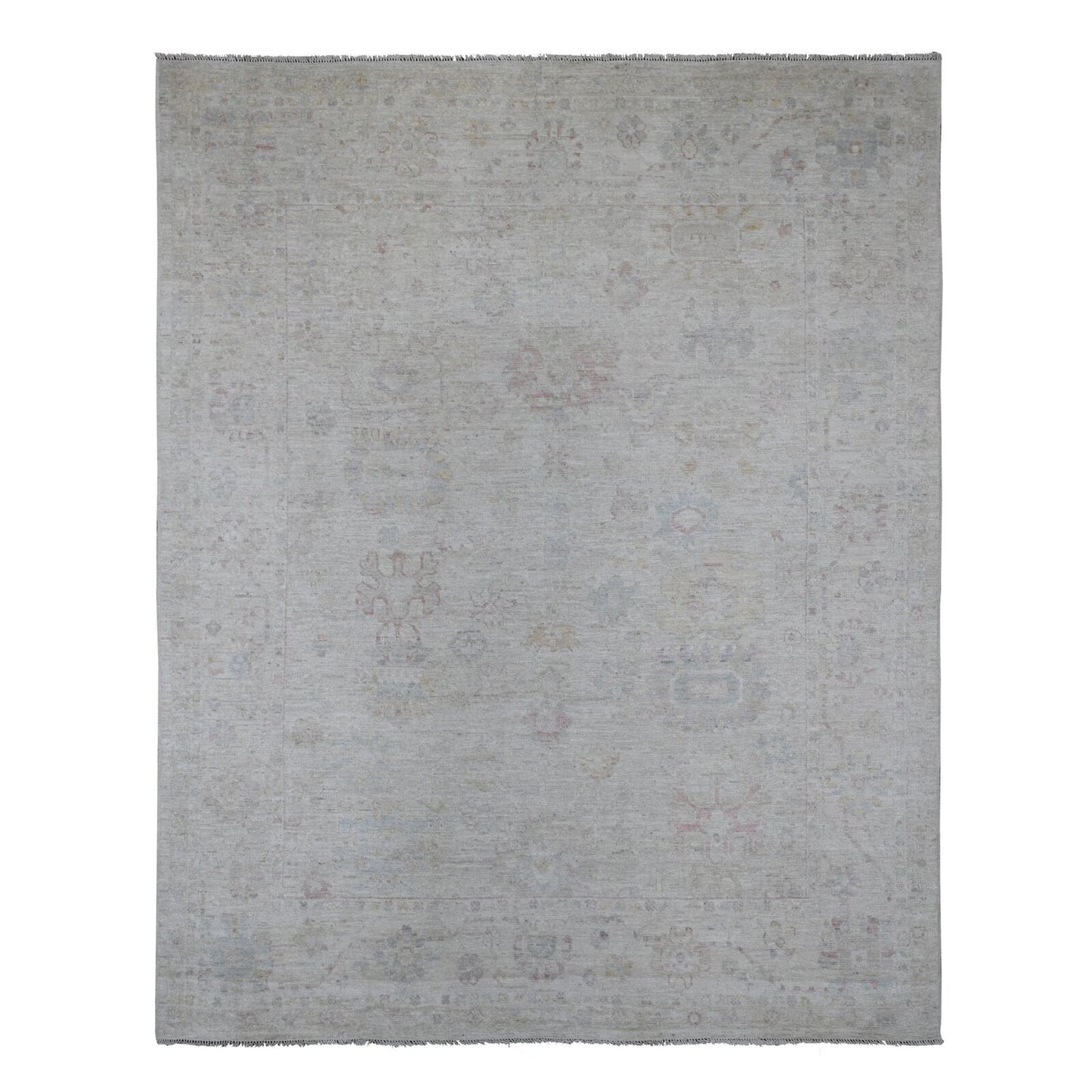 7'10"X9'8" Gray Hand Knotted Afghan Angora Oushak Leaf Design Wool Rug