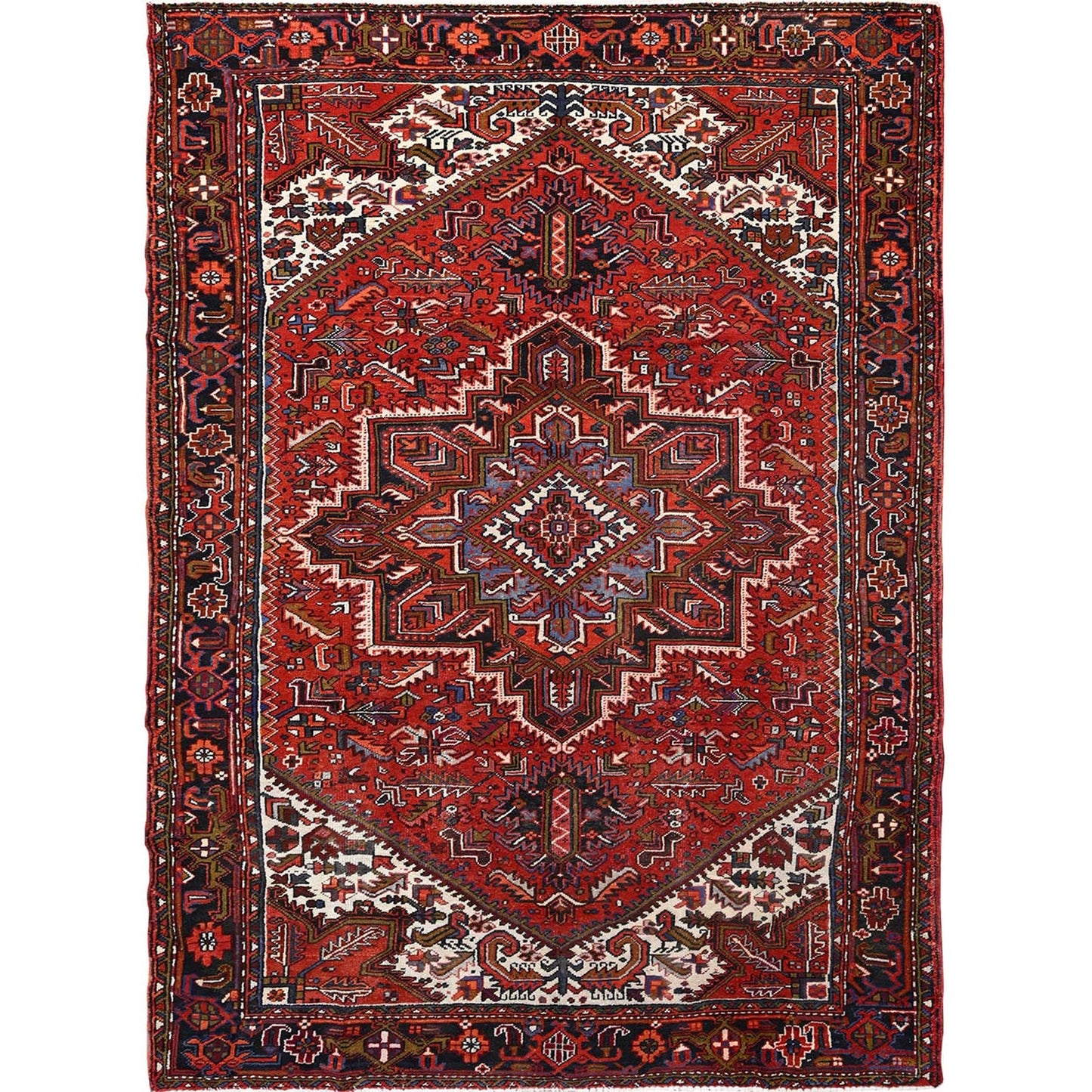 7'10"X11' Rich Red Hand Knotted Vintage Zoroastrian Heris Pure Wool Rug