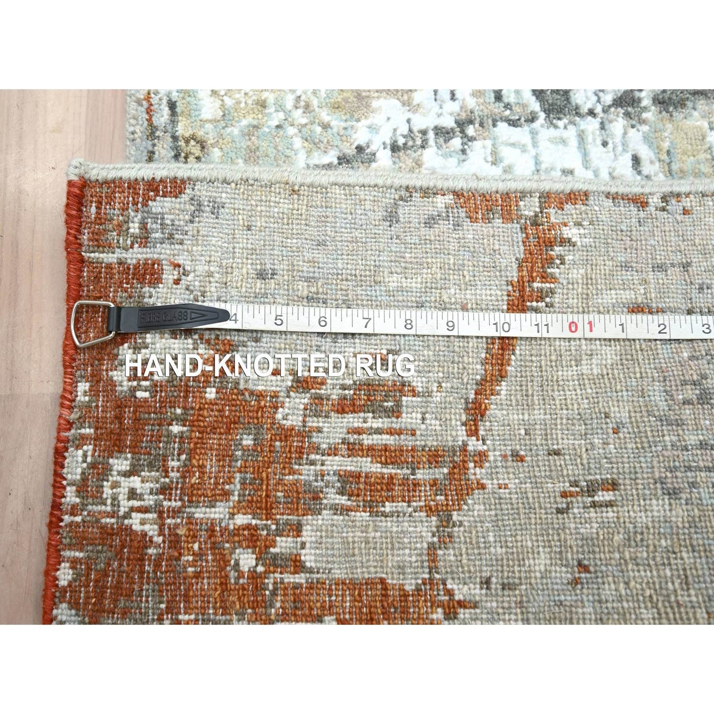 2'7"X13' Gray With Beige All Wool Abstract Design Hand Knotted Runner Rug