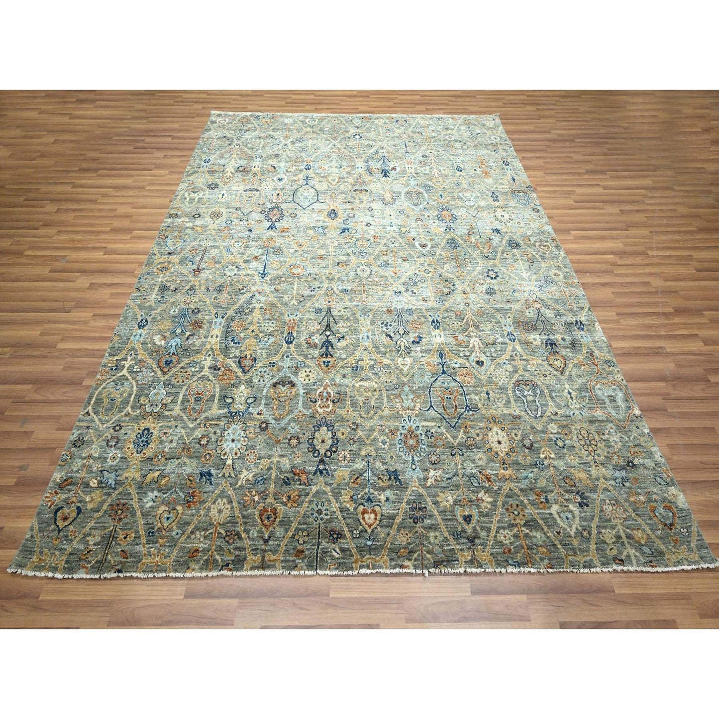8'X9'10" Gray Zoroastrian Garden Pattern Hand Knotted Pure Wool Rug